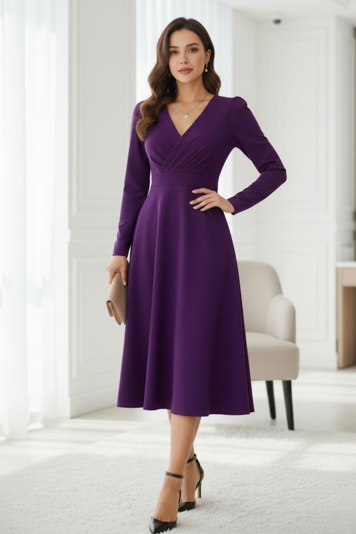 Mor Midi Kruvaze Elbise – Feminen ve Modern