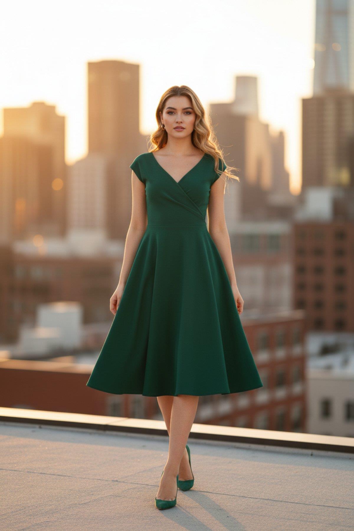 Düşük Omuz Eteği Volanlı Krep Elbise - Yeşil