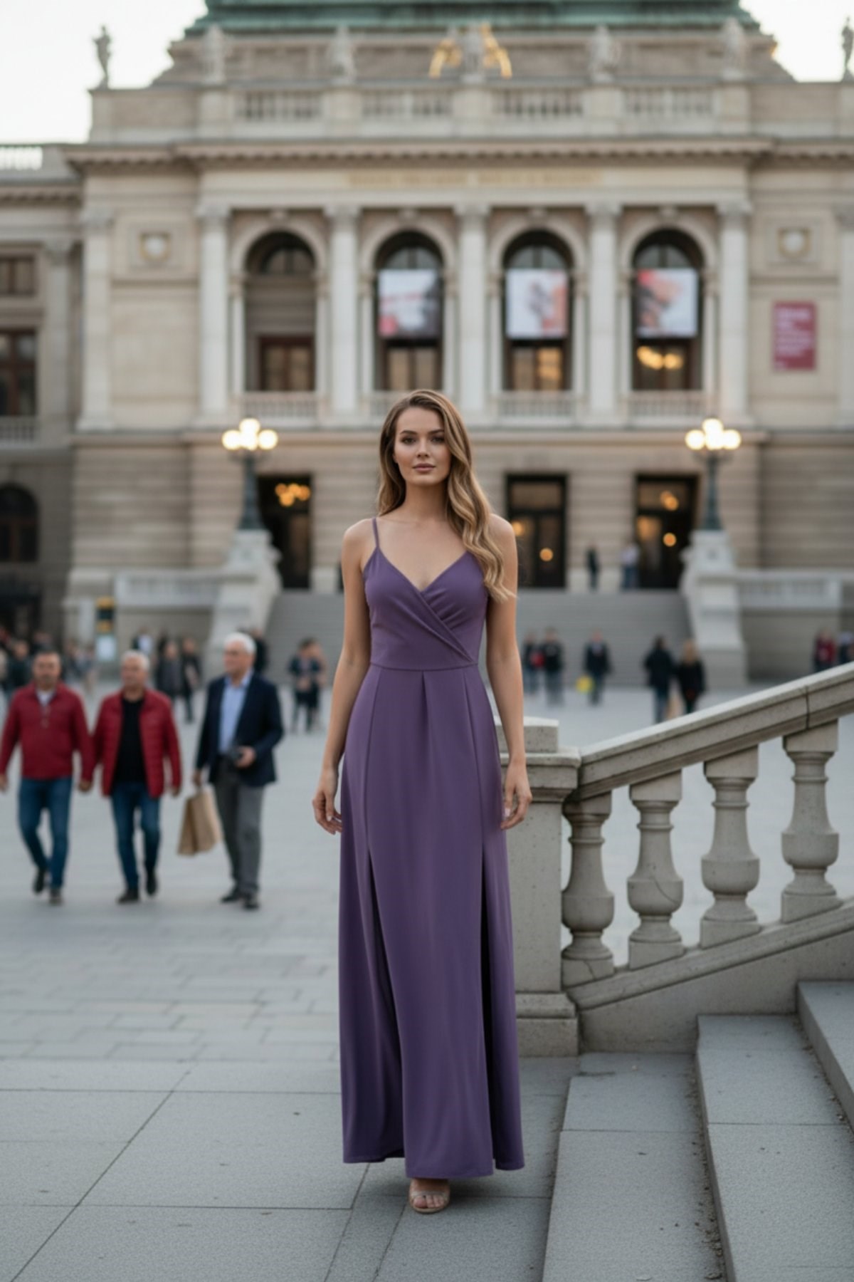 İnce Askılı Kruvaze Yaka Yırtmaçlı İthal Krep Elbise - Mor