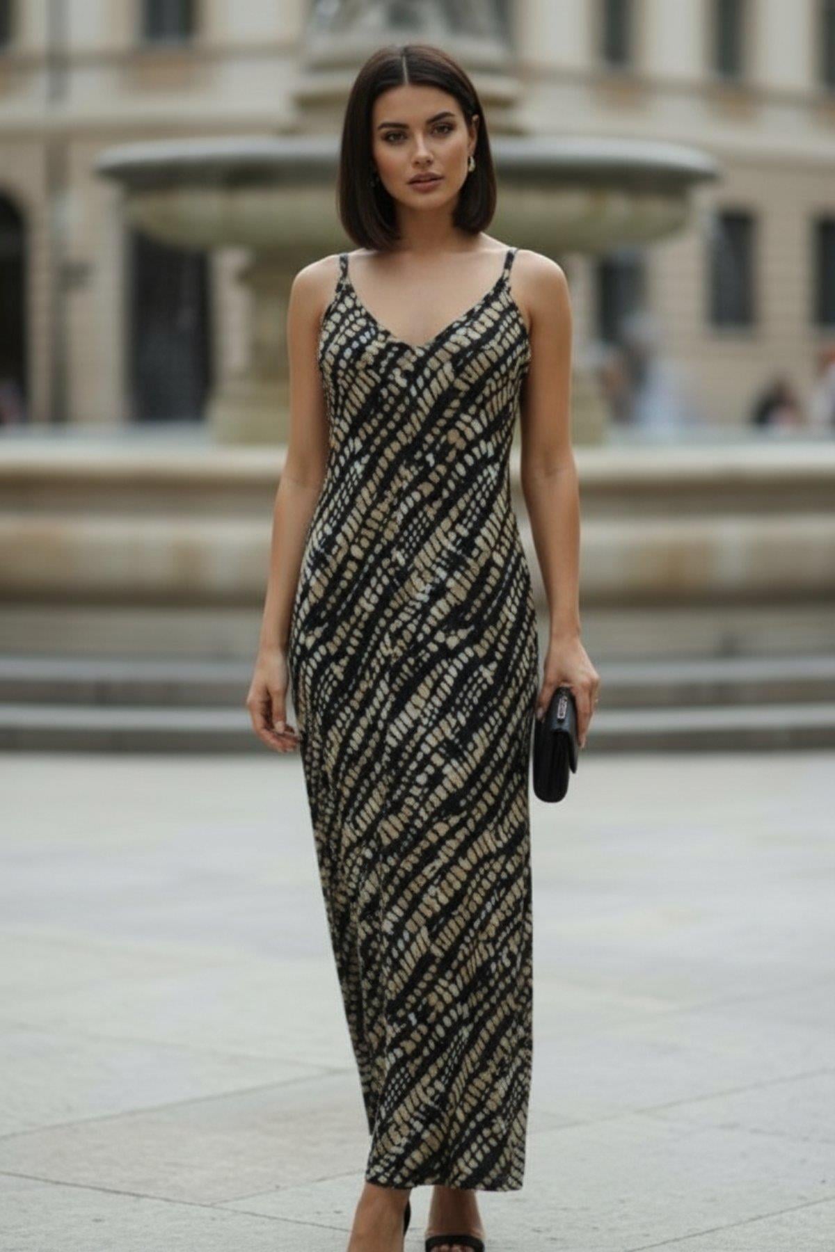 İp Askılı V Yaka Desenli Süprem Elbise - Siyah