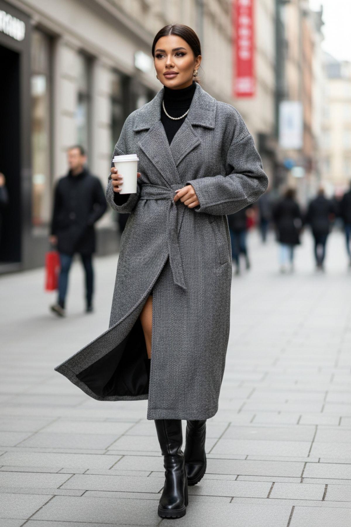 Kışlık Uzun Kuşaklı Kaban – Siyah Soft Dokulu