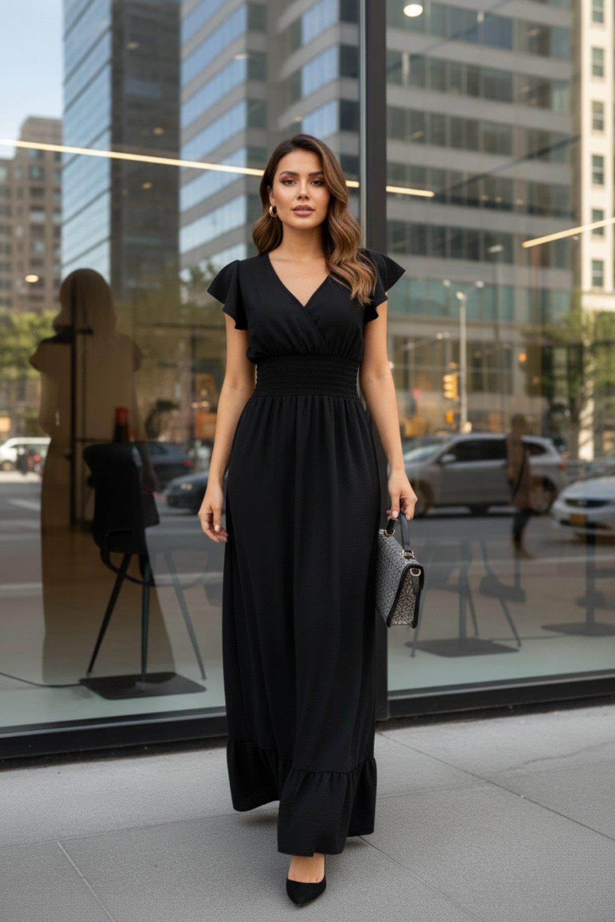 Kruvaze Yaka Uzun Aerobin Elbise - Siyah