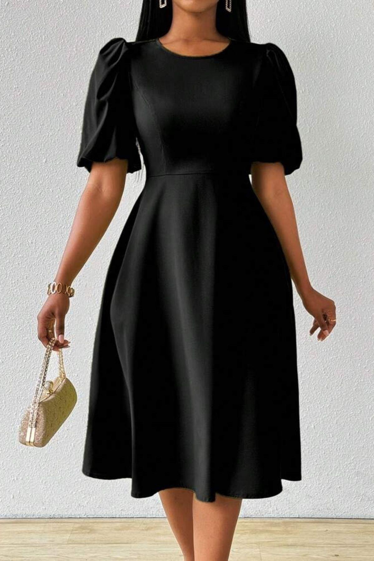 Balon Kollu Yuvarlak Yaka Midi Boy Elbise  - Siyah