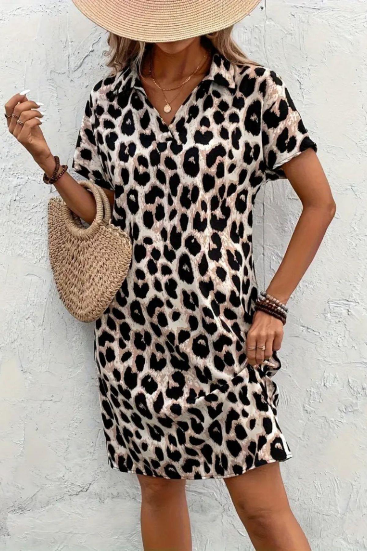 Polo Yaka Desenli Atlas Elbise - Leopar