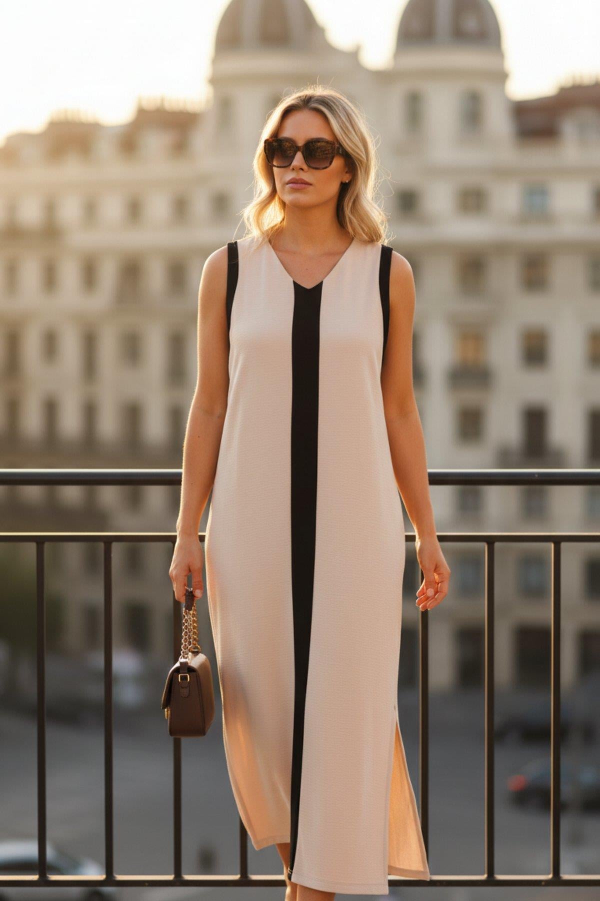 V Yaka Şerit Detaylı Kolsuz Yırtmaçlı Aerobin  Elbise - Bej