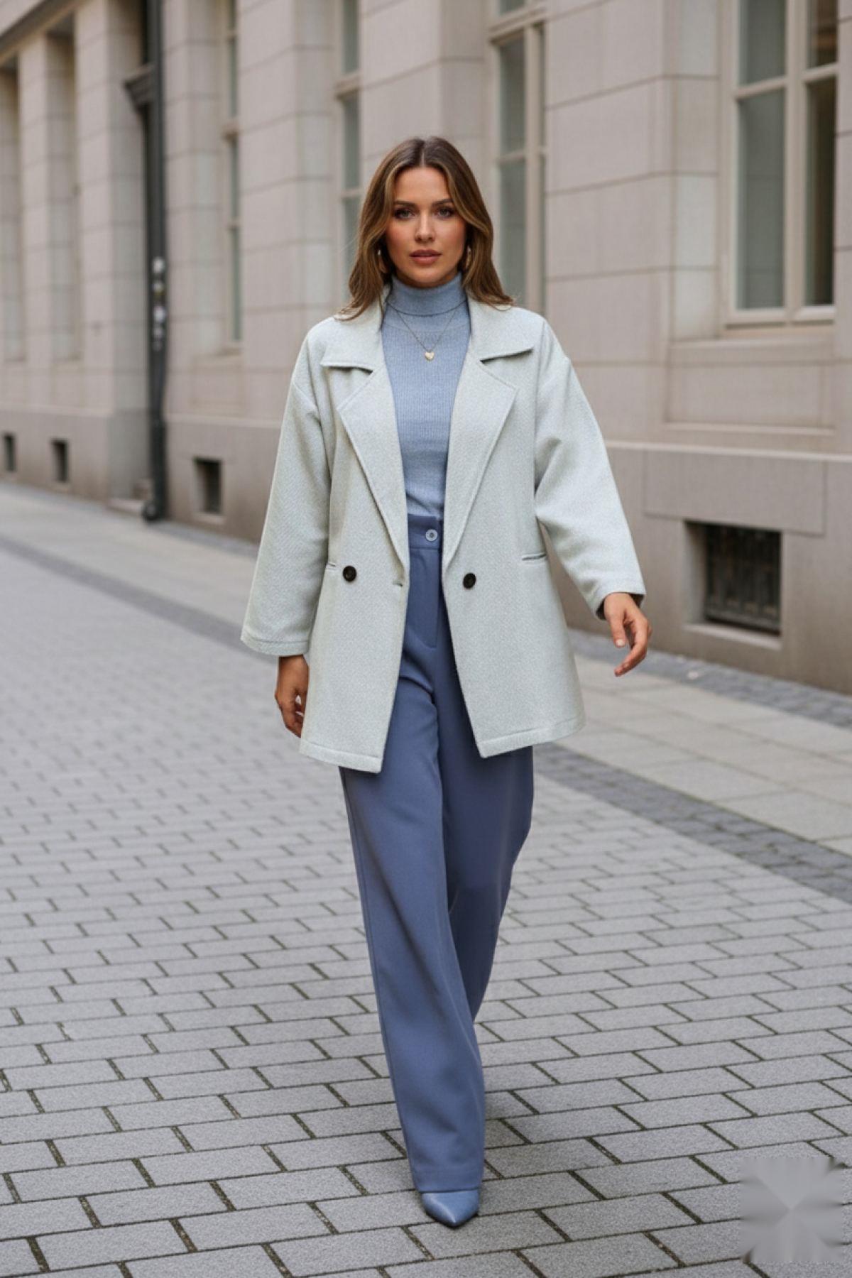 Kruvaze Yaka Balık Sırtı Desenli Cepli Kaşe Kaban Mavi