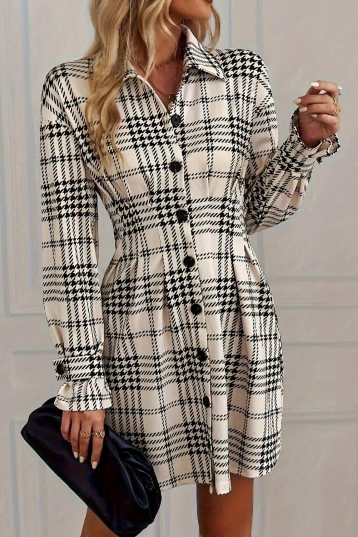 Uzun Kol Düğmeli Mini Modal Elbise - Beyaz