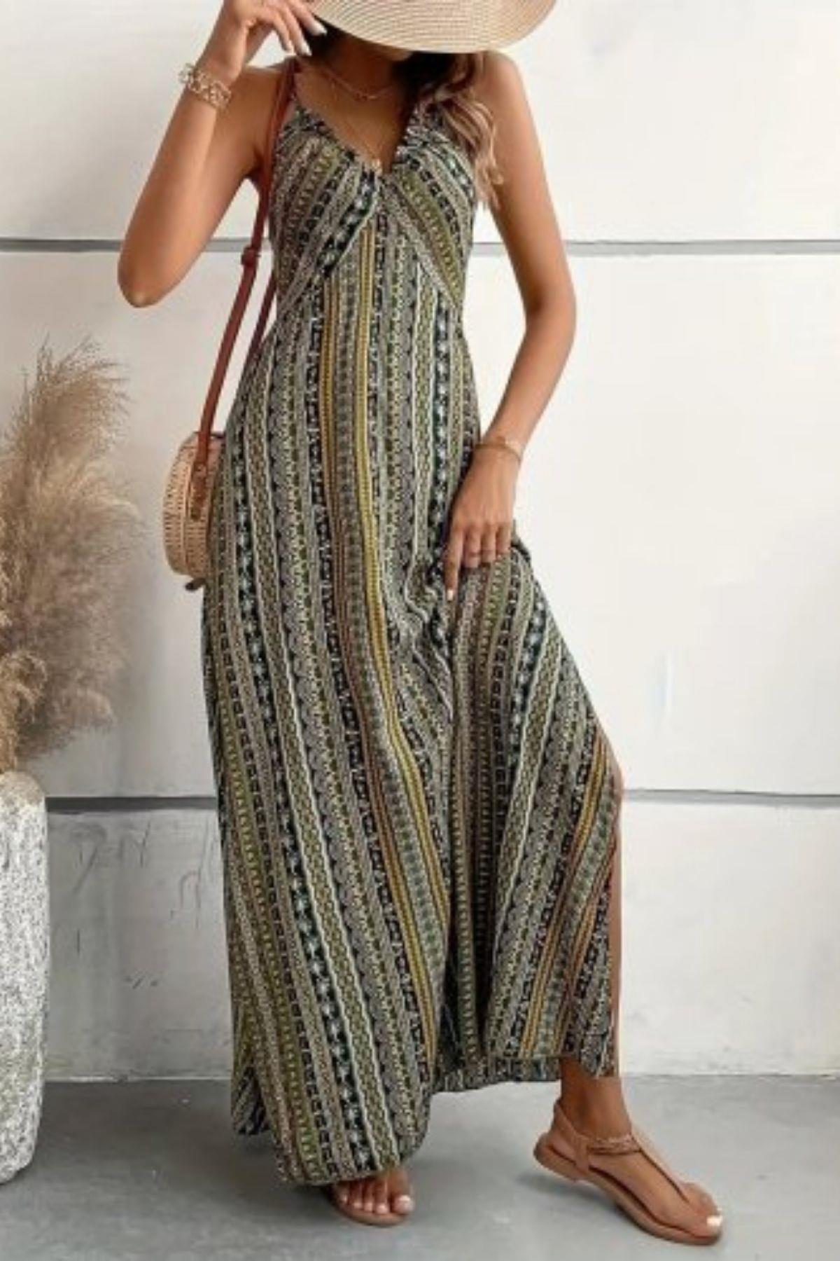 İnce Askılı Sırttan Çapraz Detaylı Yırtmaçlı Süprem Elbise - Yeşil