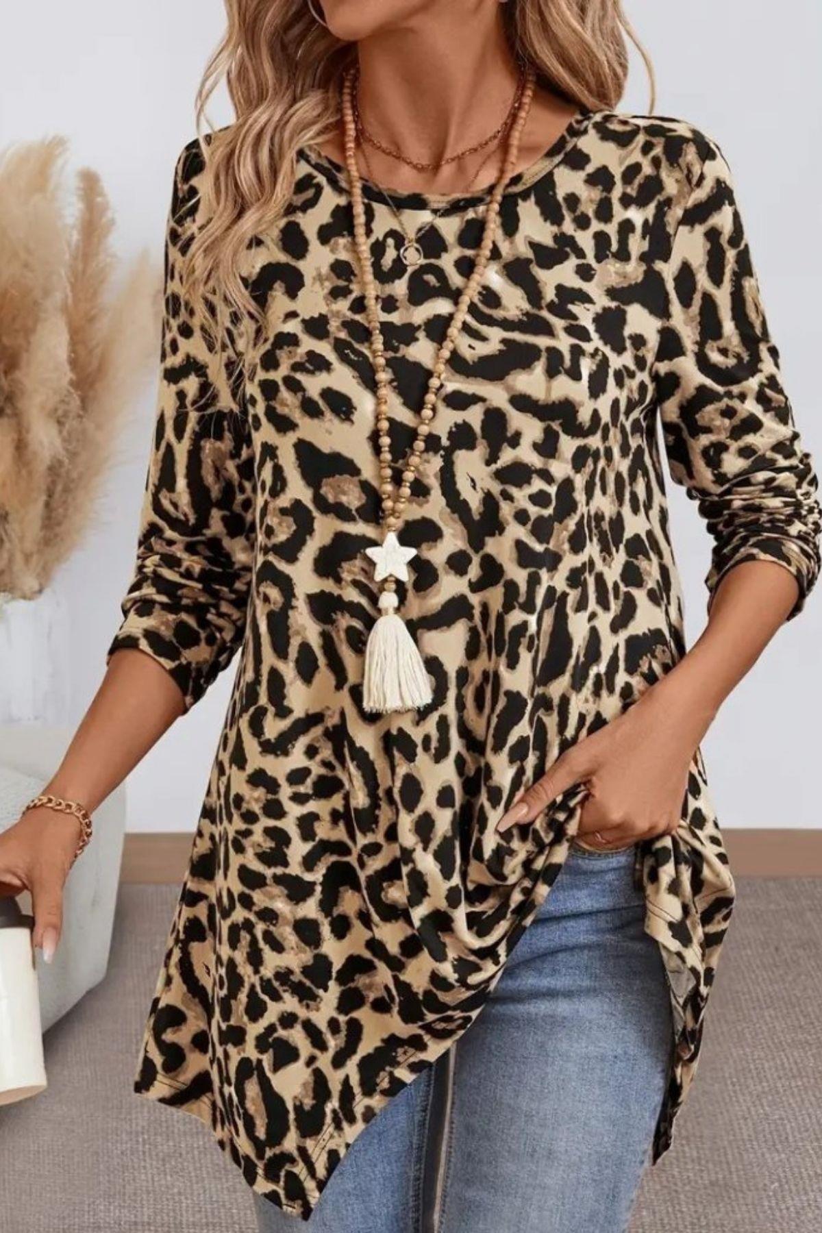 Leopar Desenli Asimetrik Kesim Süprem Bluz - Leopar