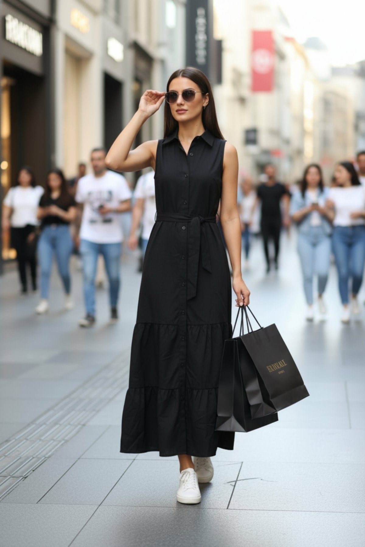 Kuşak Detaylı Önden Düğmeli Gömlek Yaka Maxi Elbise - Siyah