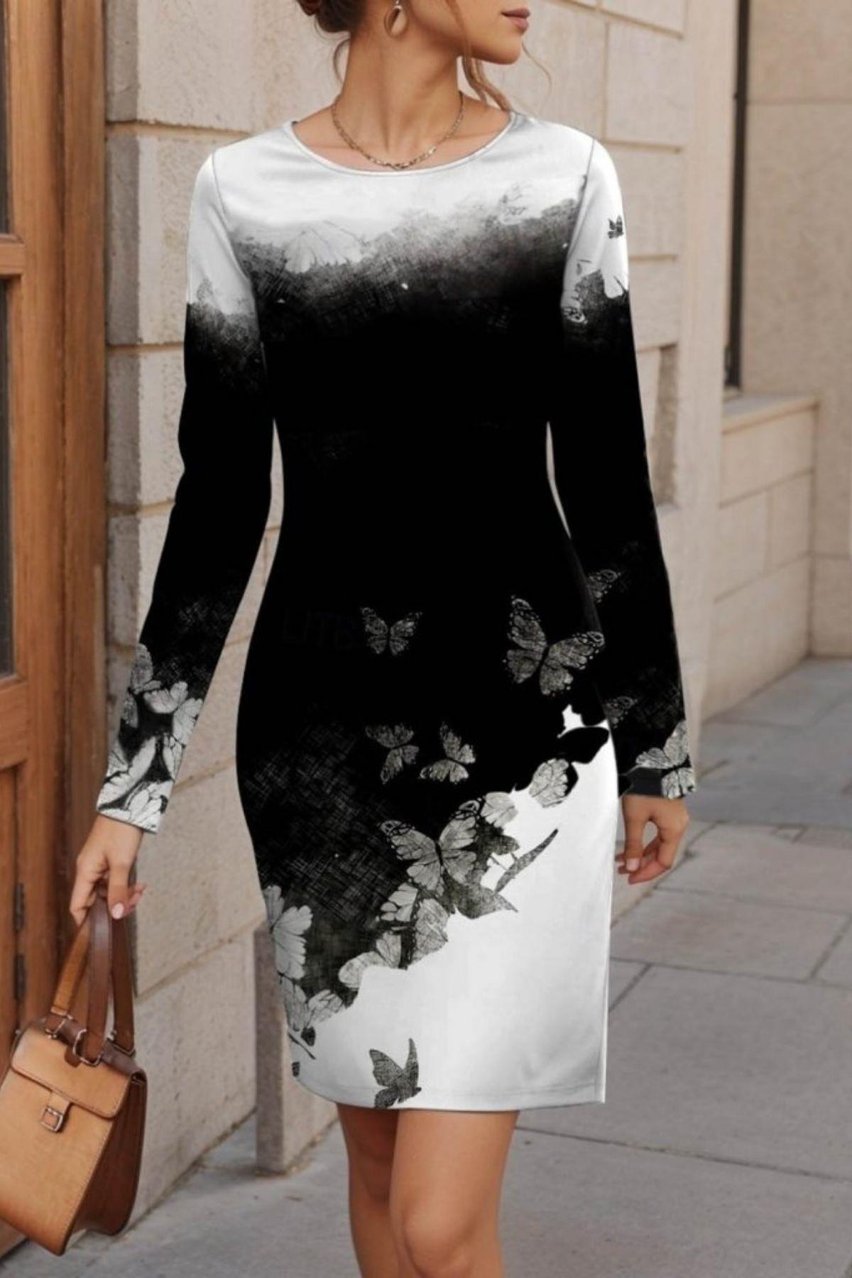 Yuvarlak Yaka Desenli Kısa Şardonlu Dalgıç Elbise - Siyah