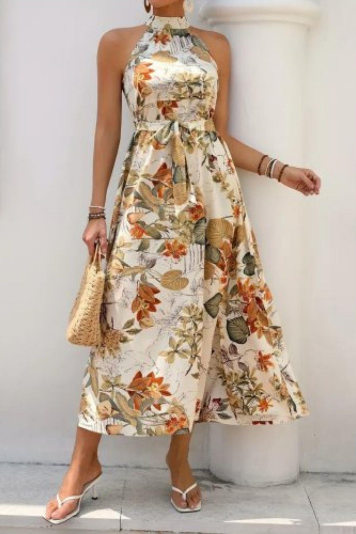 Halter Yaka Bağlamalı Yırtmaç Detaylı Süprem Elbise - Sarı