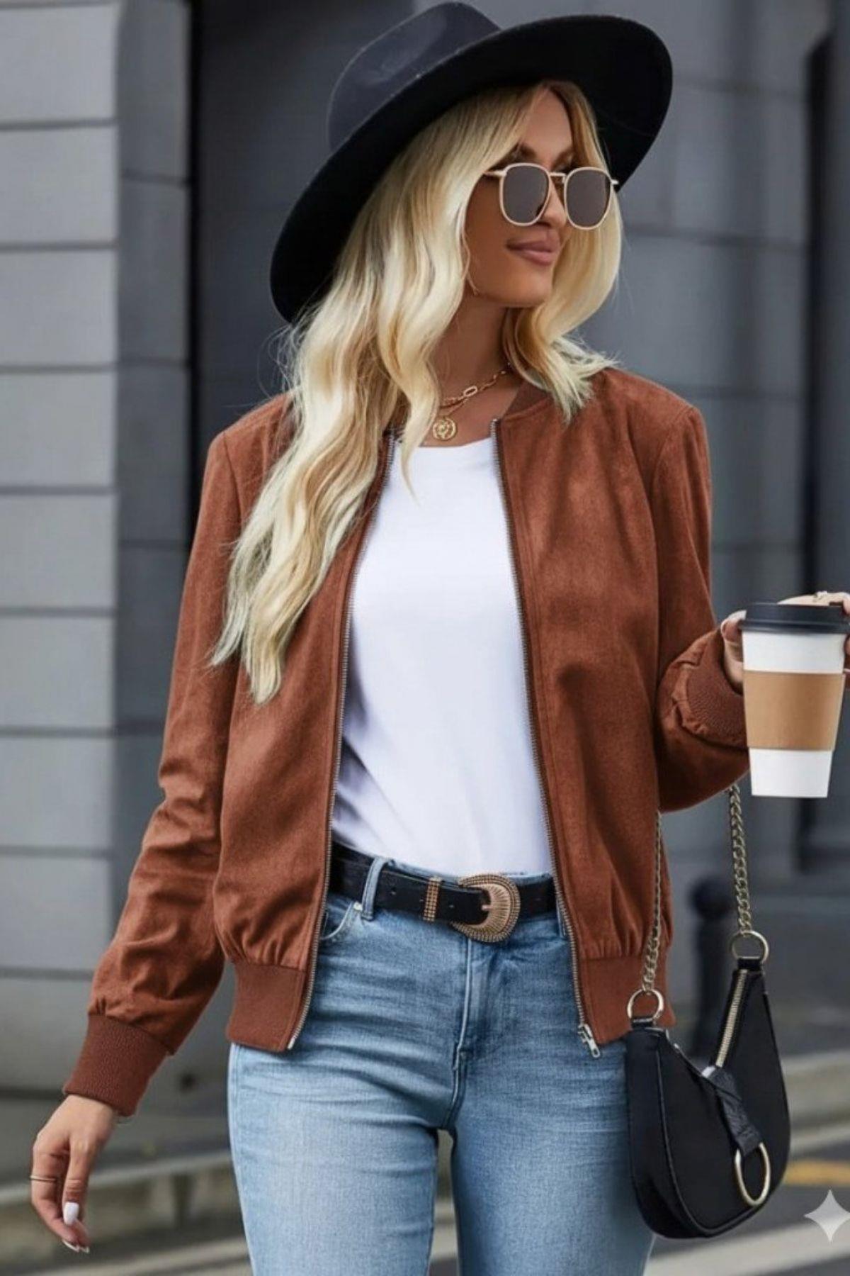 Uzun Kollu Fermuarlı Kısa Süet Ceket - Kiremit