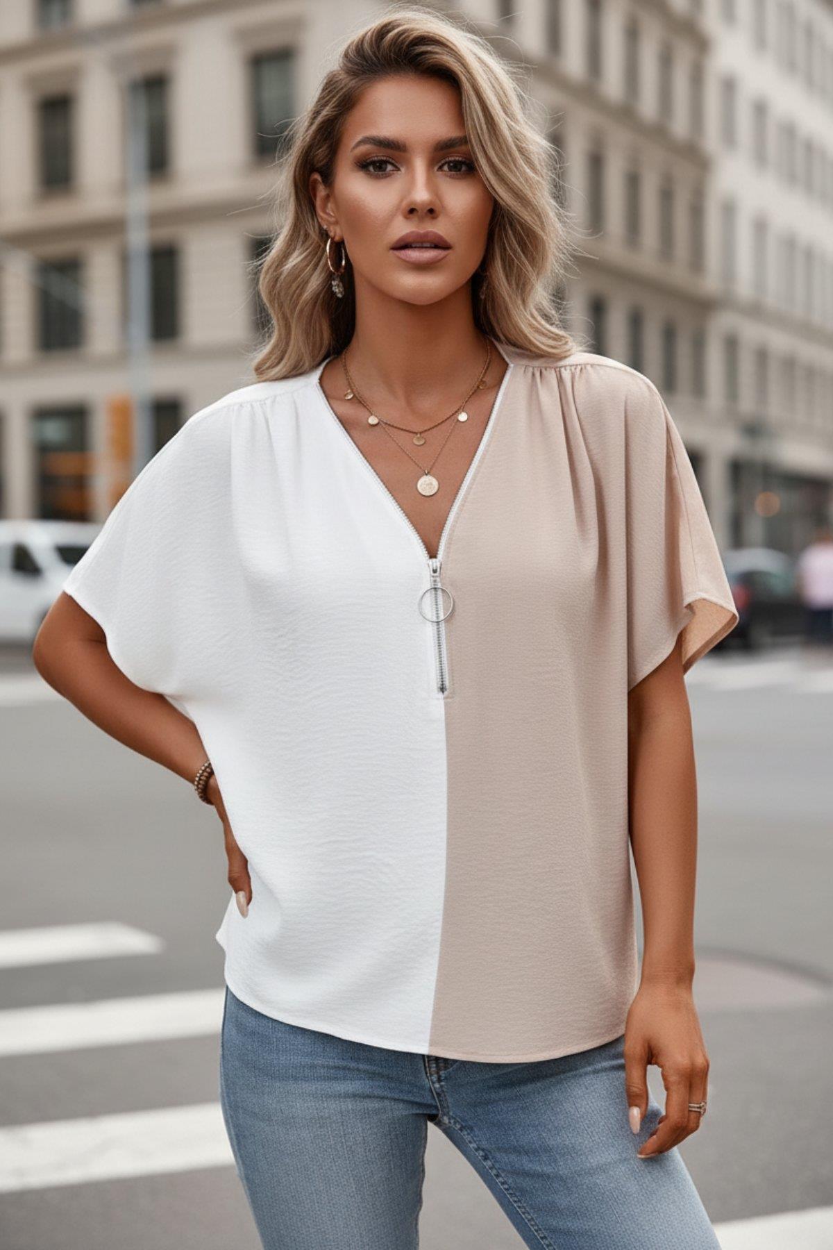 V Yaka Blok Renkli Rahat Kalıp Kısa Kollu Aerobin Bluz - Beyaz