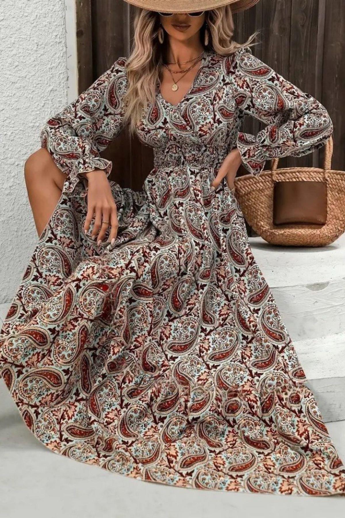 Uzun Kollu Beli Lastikli Desenli Süprem Elbise - Kahve