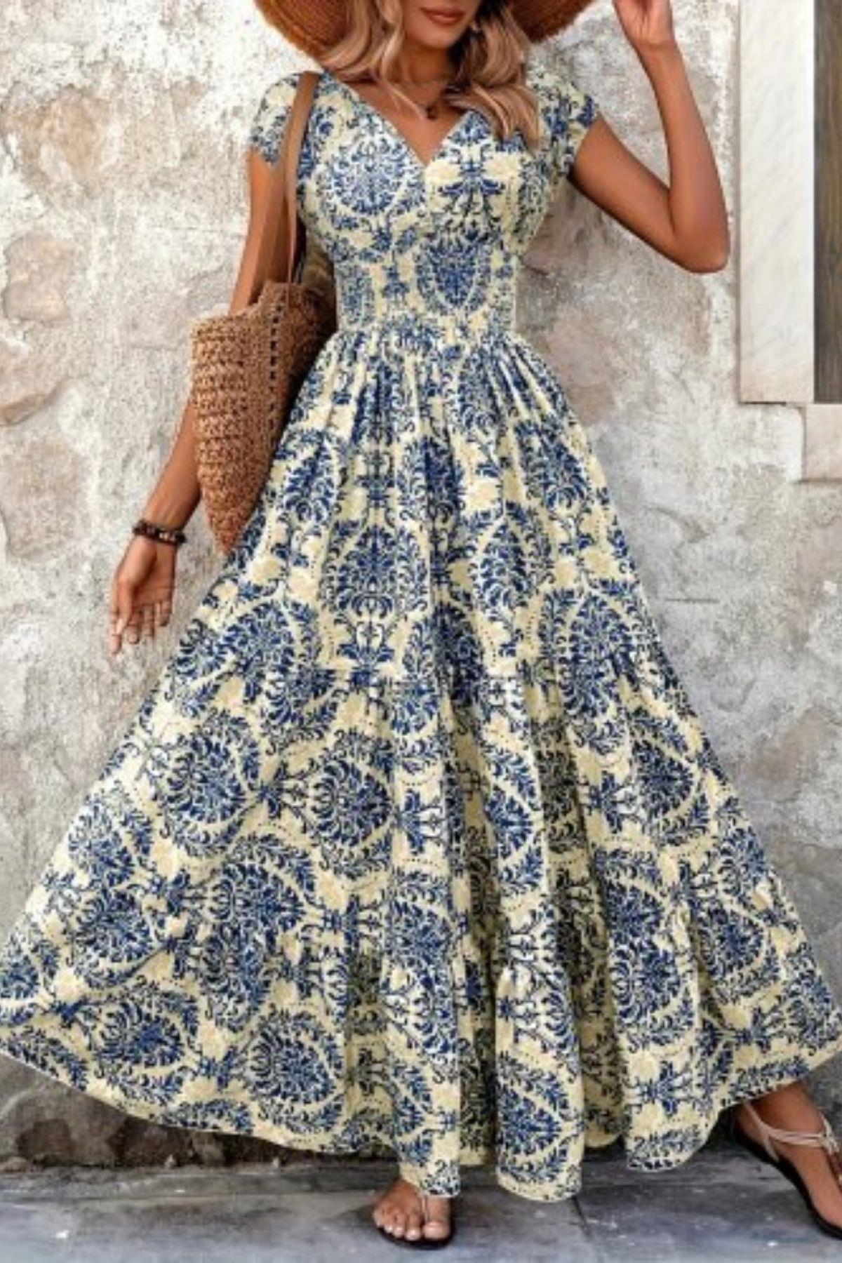 Desenli Kruvaze Yaka Kısa Kollu Maxi Boy Süprem Elbise - Mavi