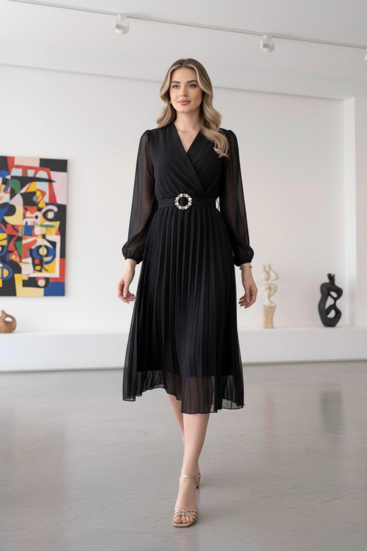 Kruvaze Yaka Şifon Kumaş Astarlı Kloş Kesim Midi Elbise Siyah