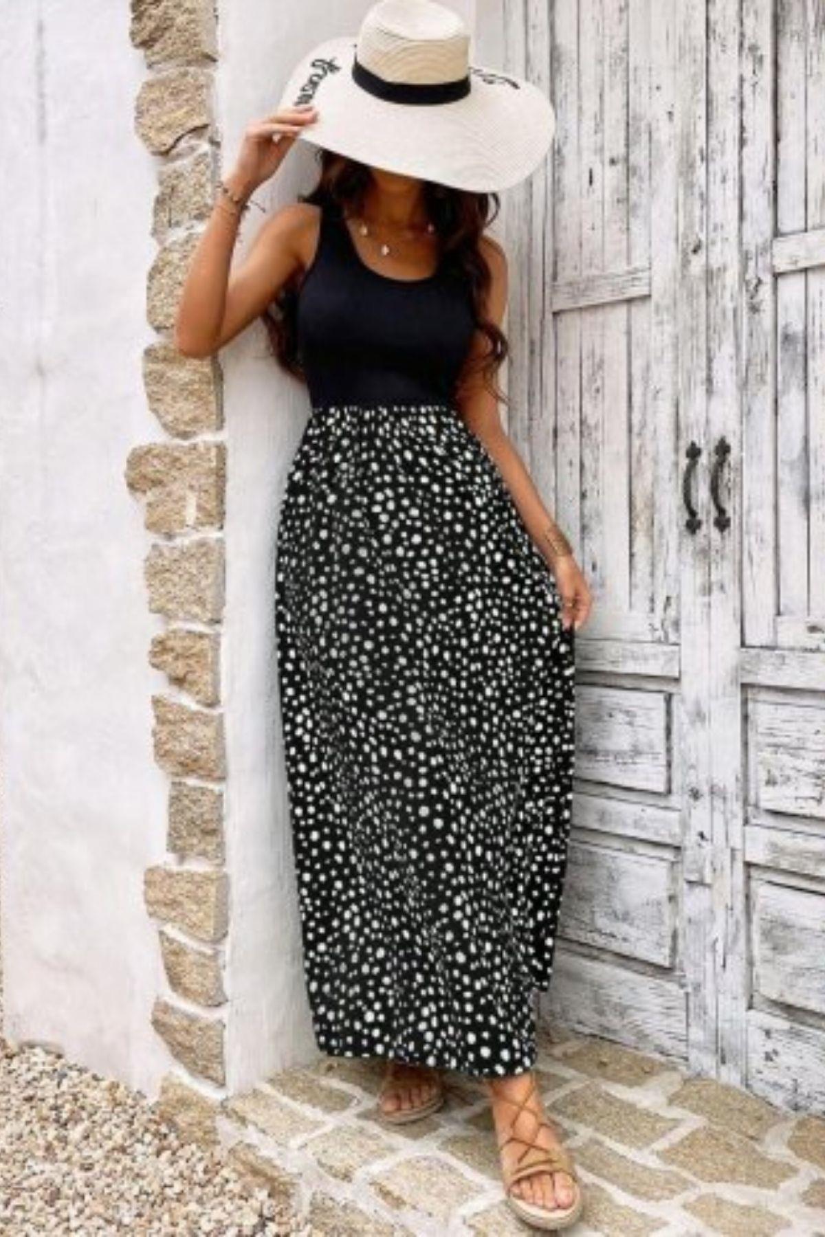 Kalın Askılı Üst Viskon Altı Desenli Bürümcük Elbise - Siyah