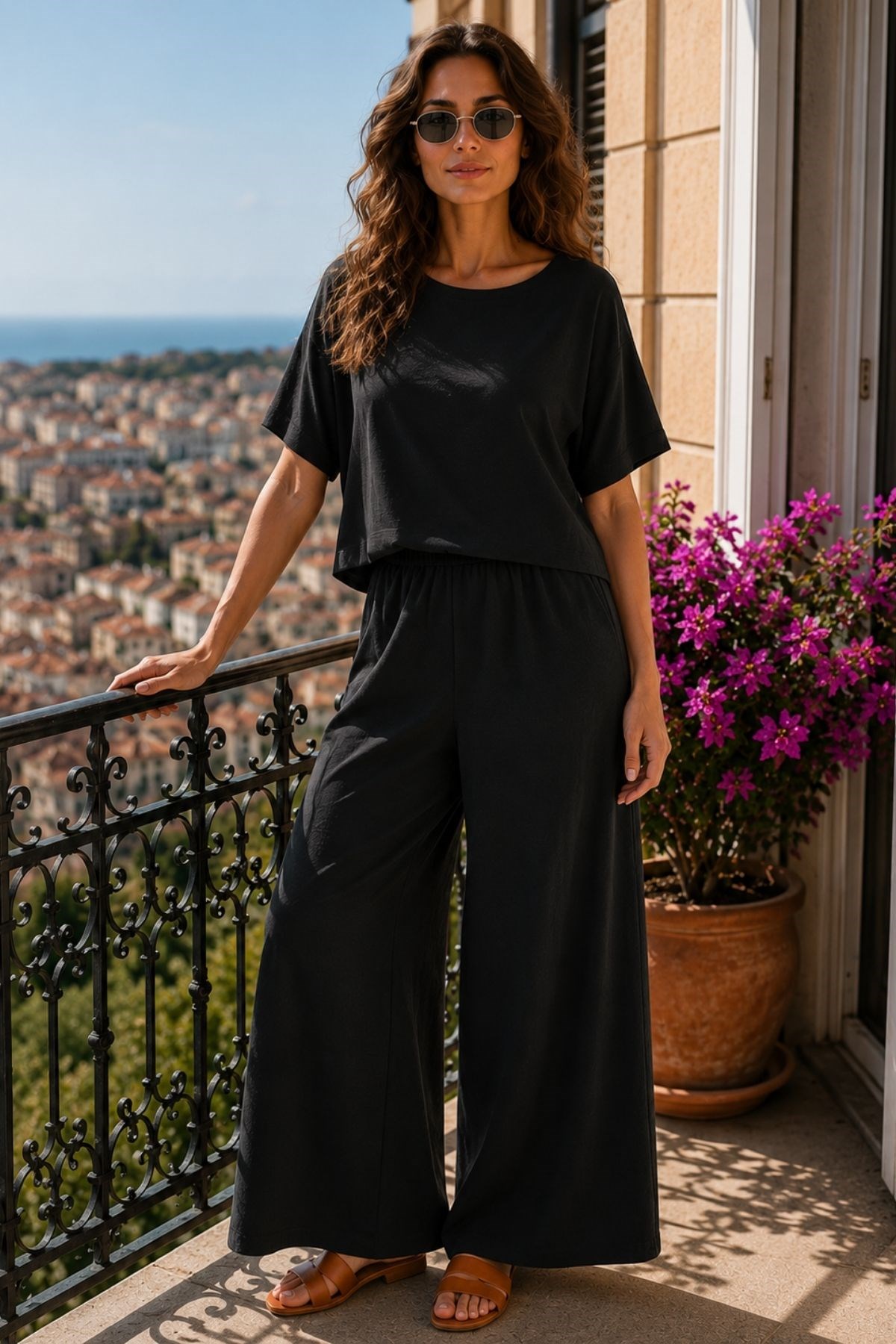 Kısa Kollu Oversize Bluz Ve Geniş Paça Takım - Siyah