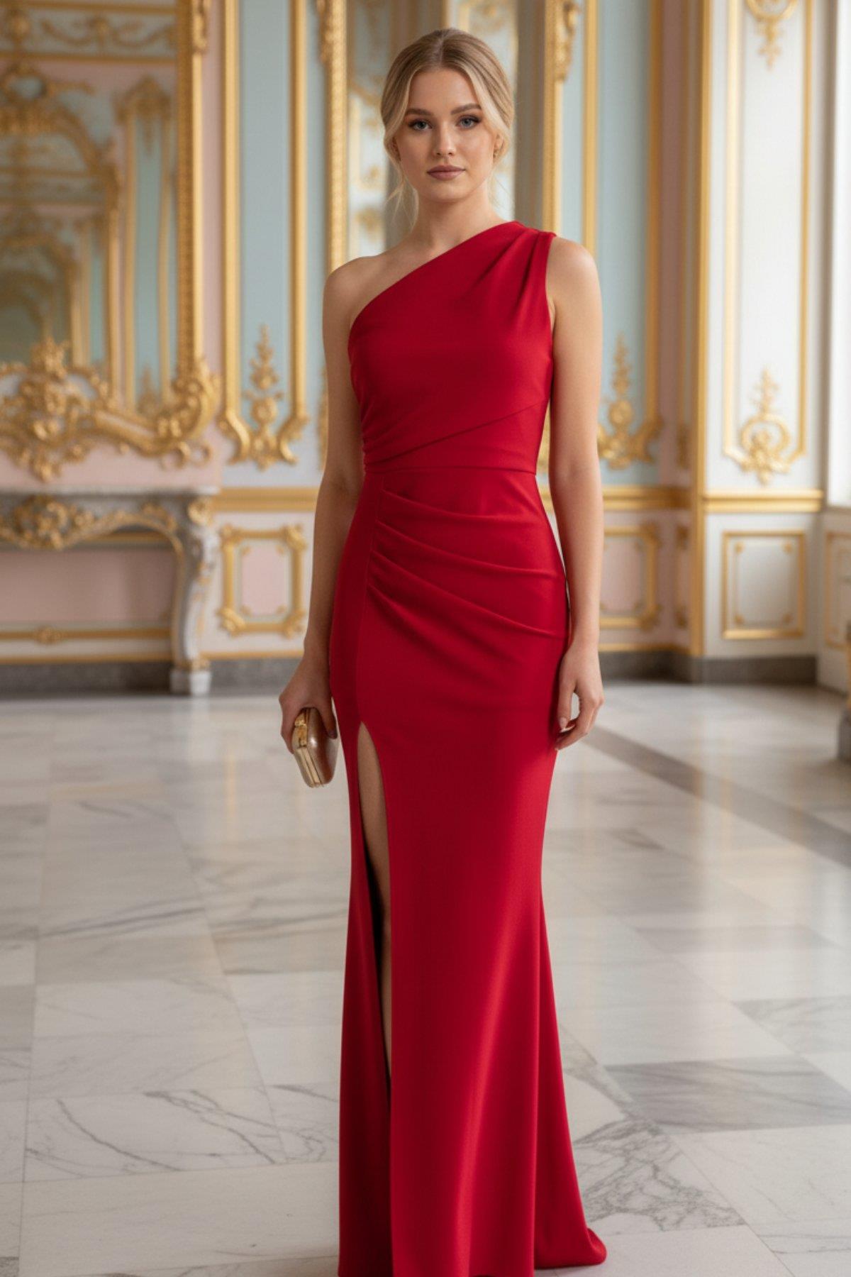 Tek Omuz Derin Yırtmaçlı İthal Krep Elbise - Kırmızı