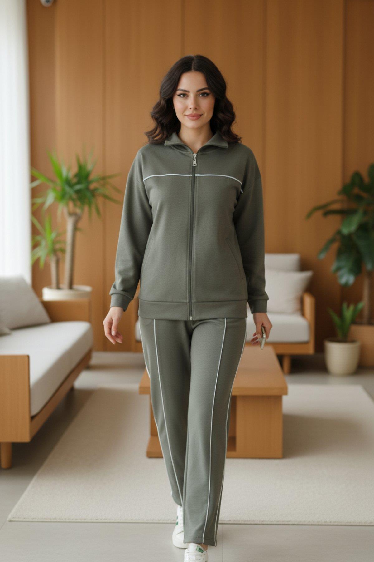 Boru Paça Şerit Detaylı Modal  İkili Takım - Yeşil