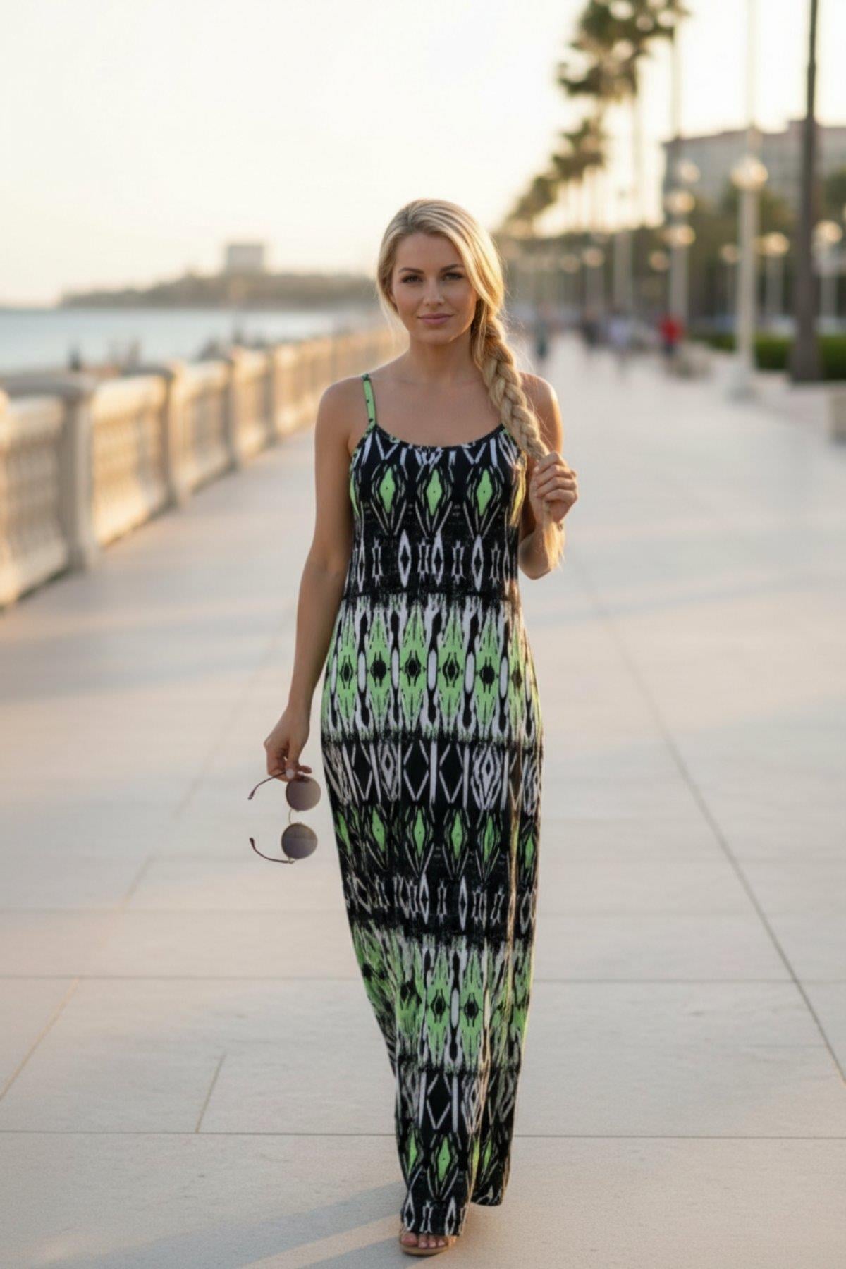 İnce Askılı Kare Yaka Süprem  Elbise - Yeşil