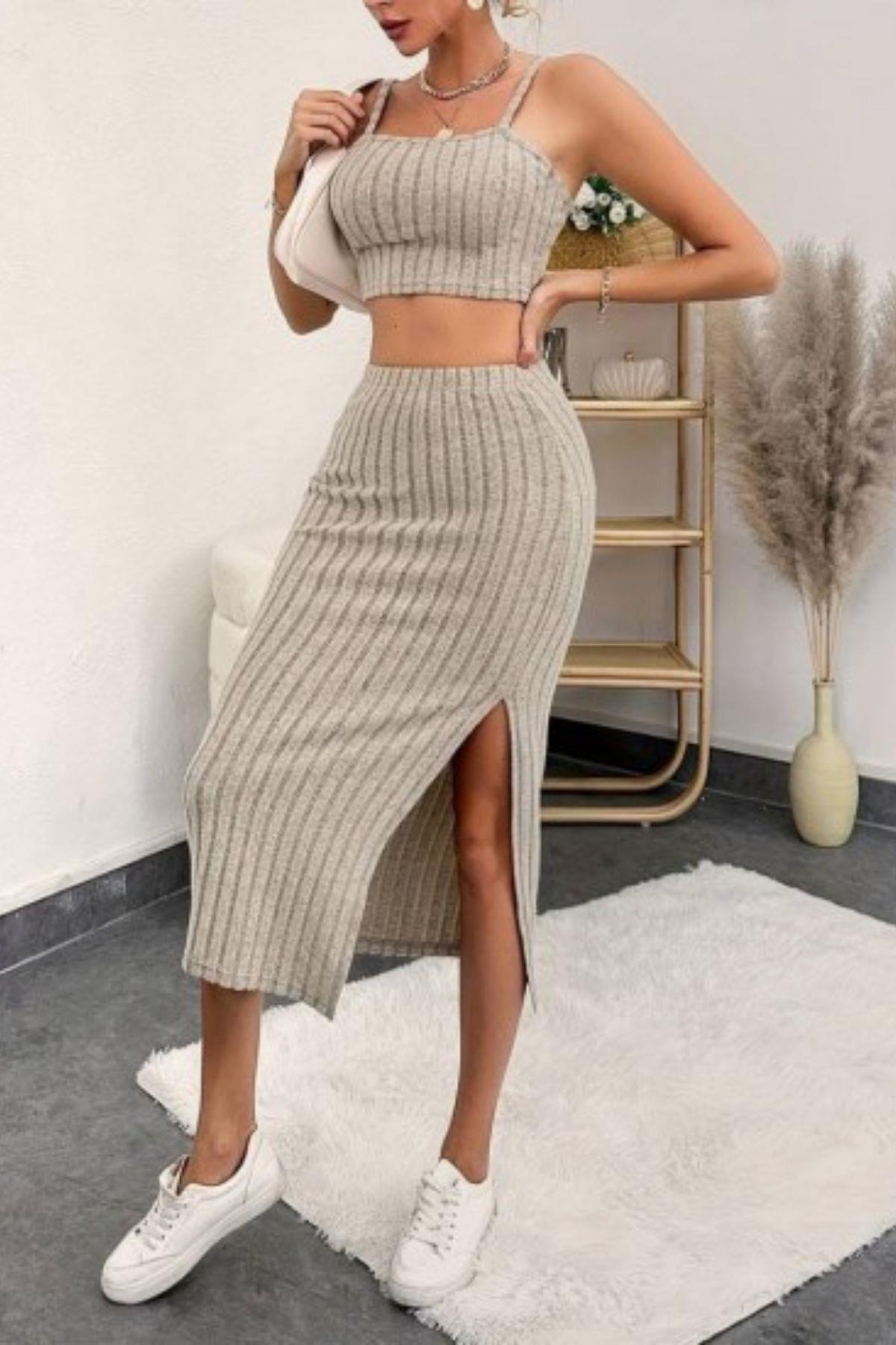 Askılı Crop Yırtmaçlı Midi Etek Fitilli Kaşkorse Takım Bej