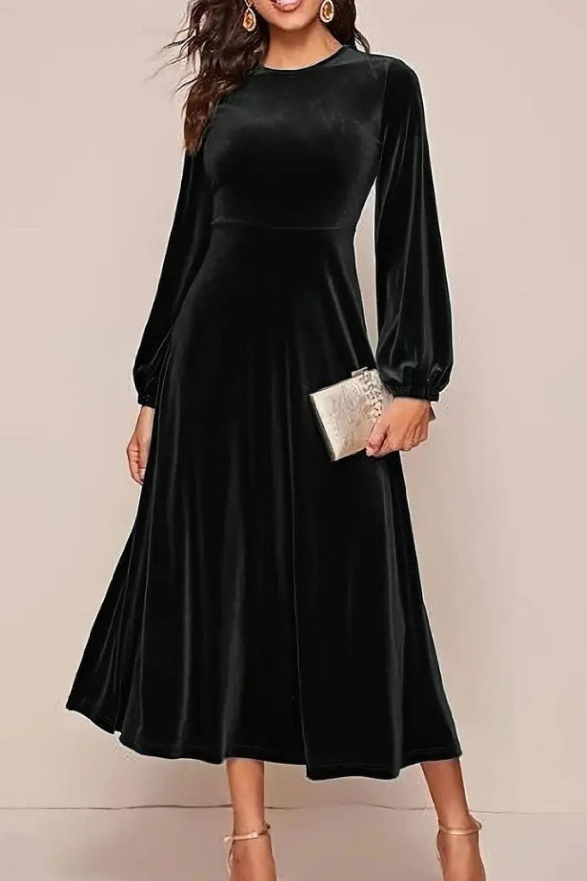 Yuvarlak Yaka Kadife Kumaş Midi Elbise - Siyah