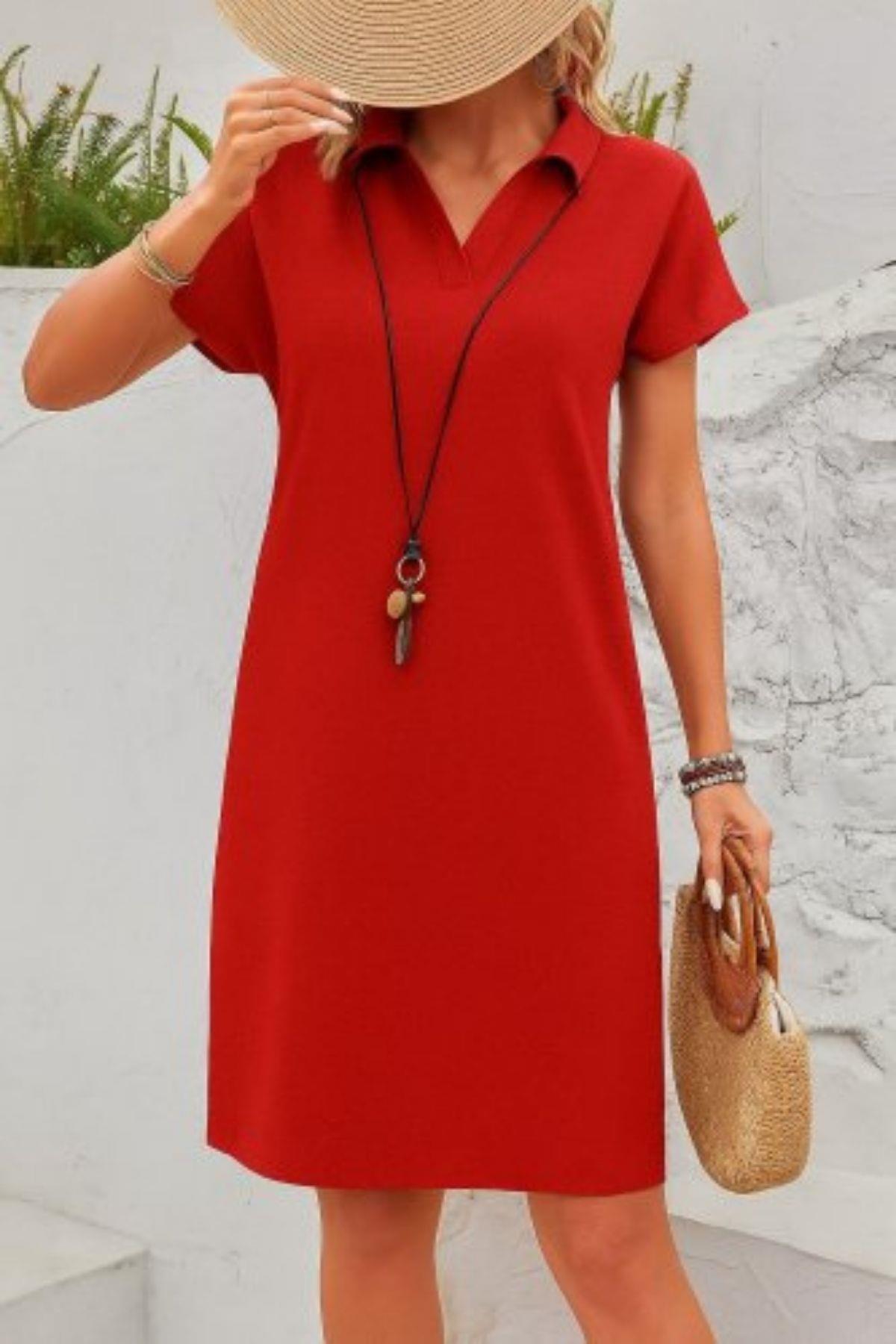 Kısa Kollu Polo Yaka Bürümcük Elbise - Kırmızı
