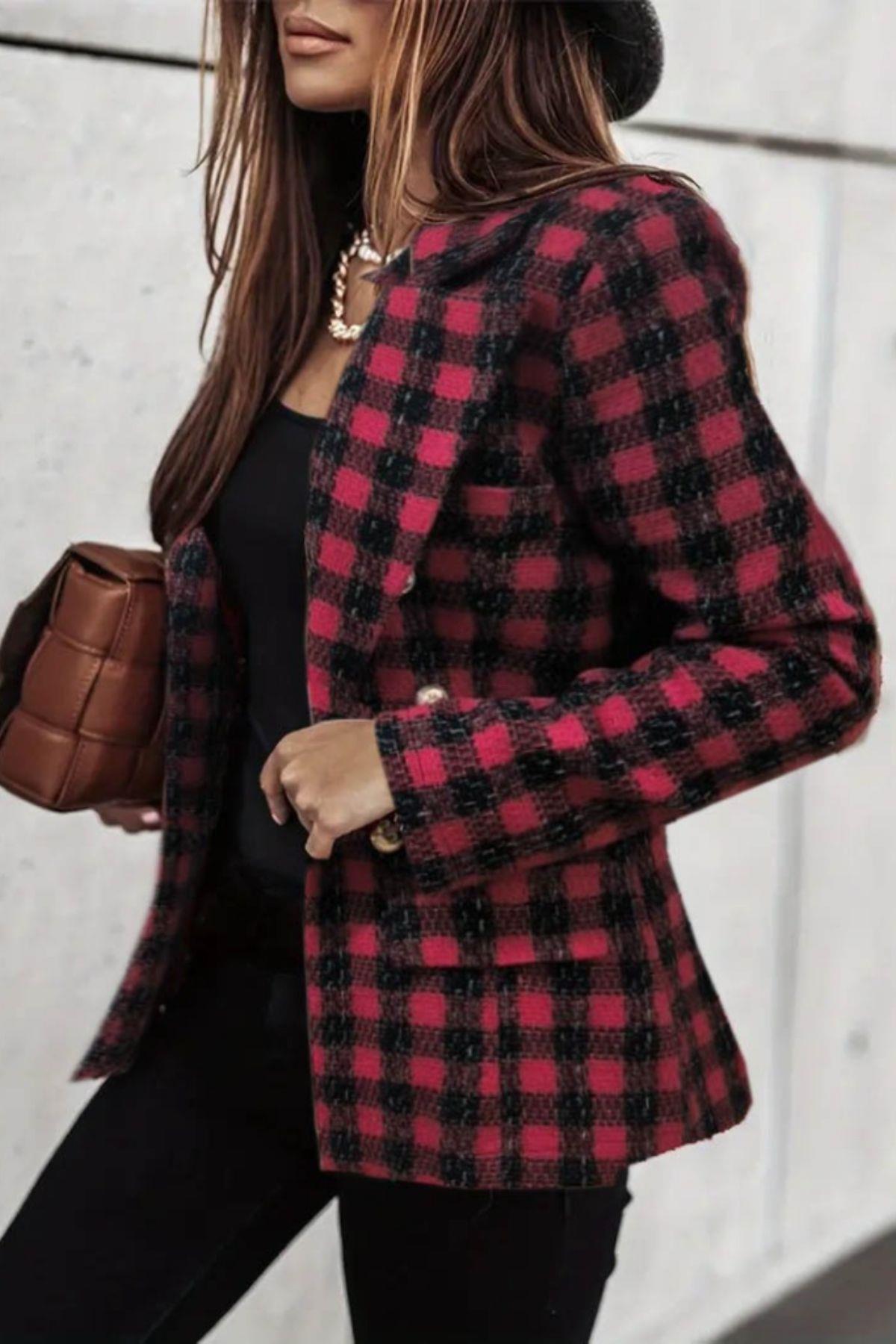 Düğmeli Ekose Desenli Şık Blazer Ceket - Kırmızı
