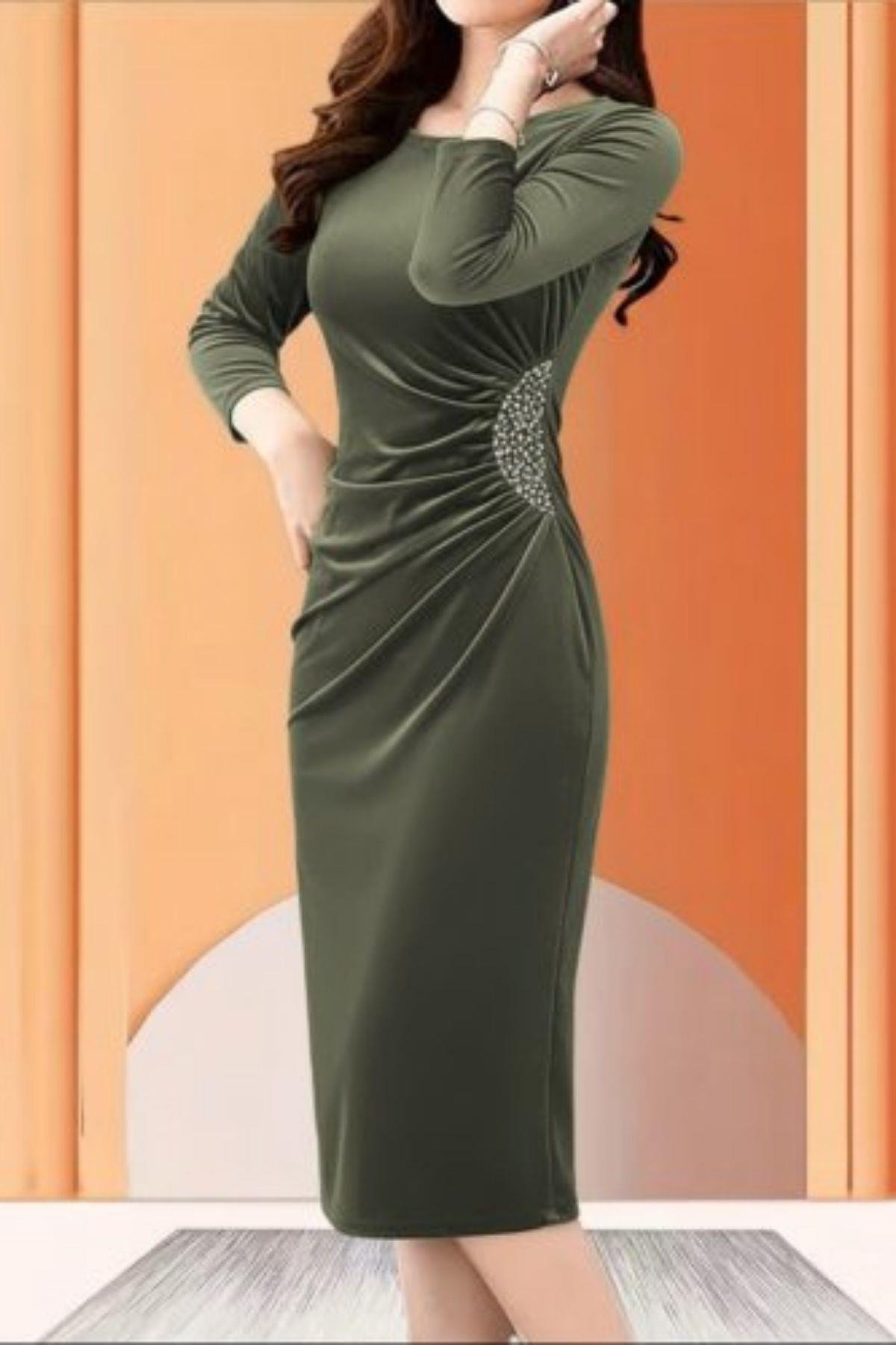 Uzun Kollu Taş Detaylı Midi Kadife Elbise - Haki