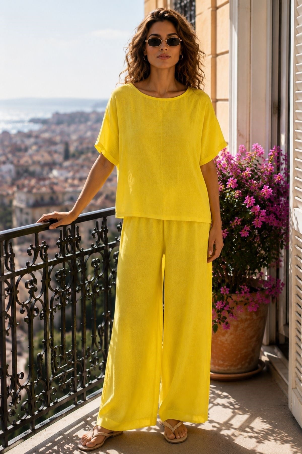 Kısa Kollu Oversize Bluz Ve Geniş Paça Takım - Sarı
