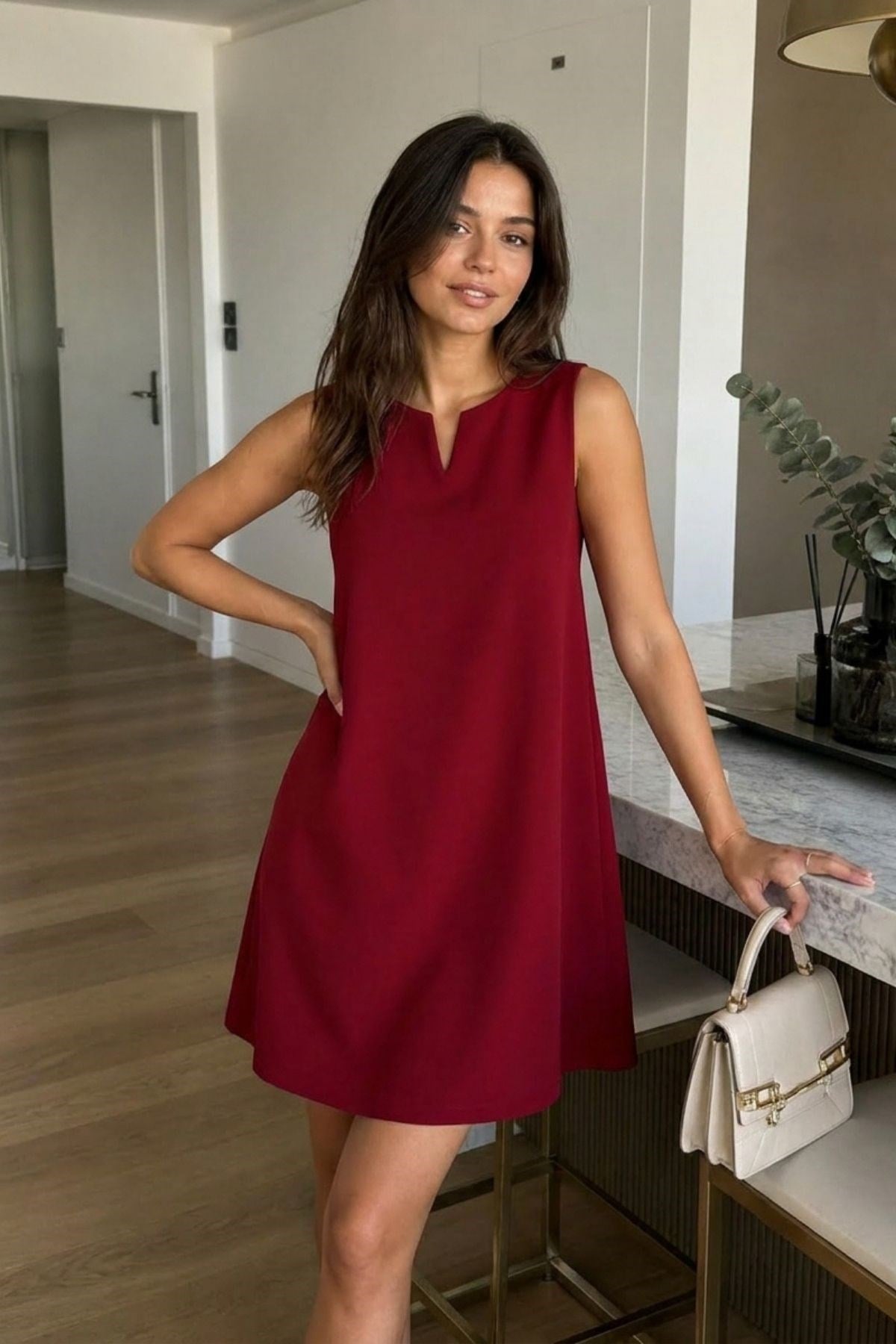 Kadın Bordo V Yaka Kolsuz Rahat Kesim Mini Elbise