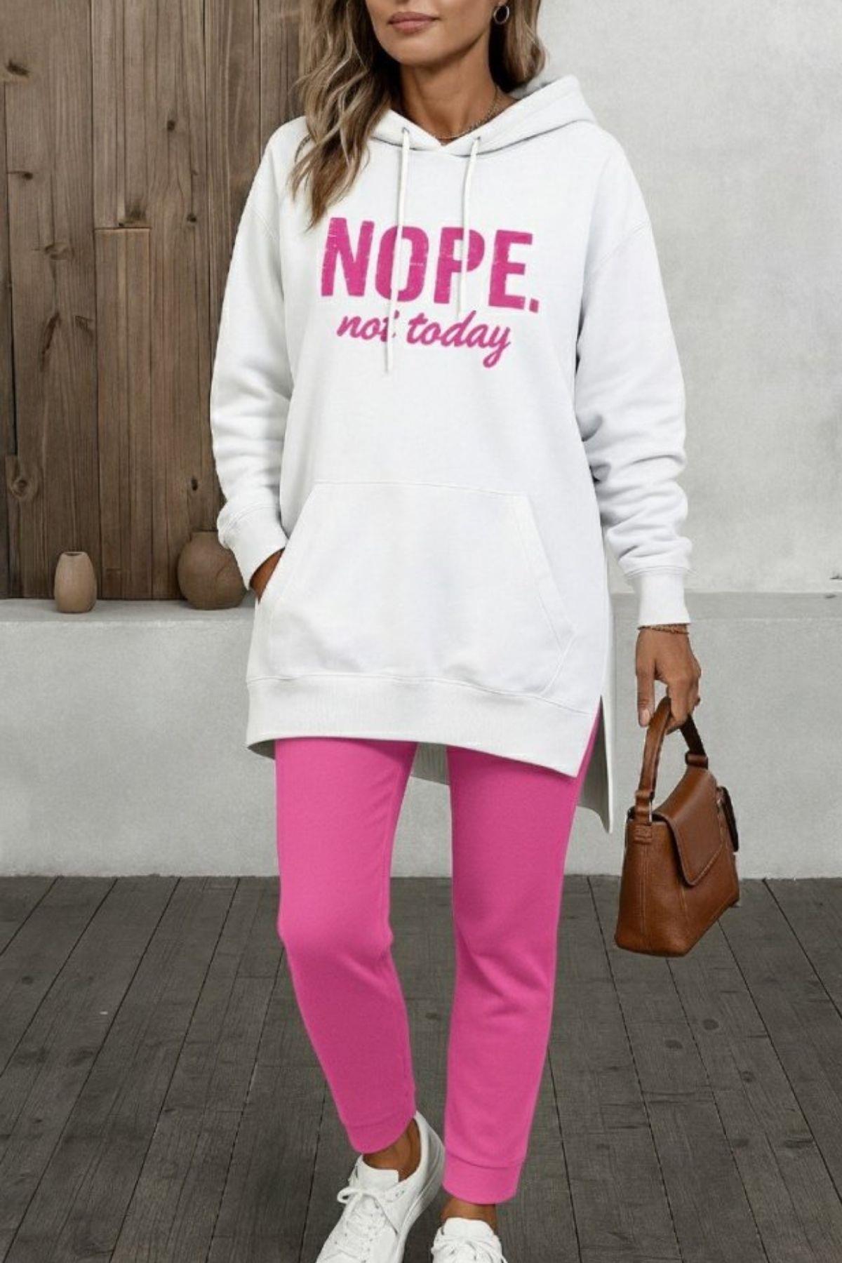 Uzun Kollu Kapüşonlu Viskon İki İplik Sweat - Pembe