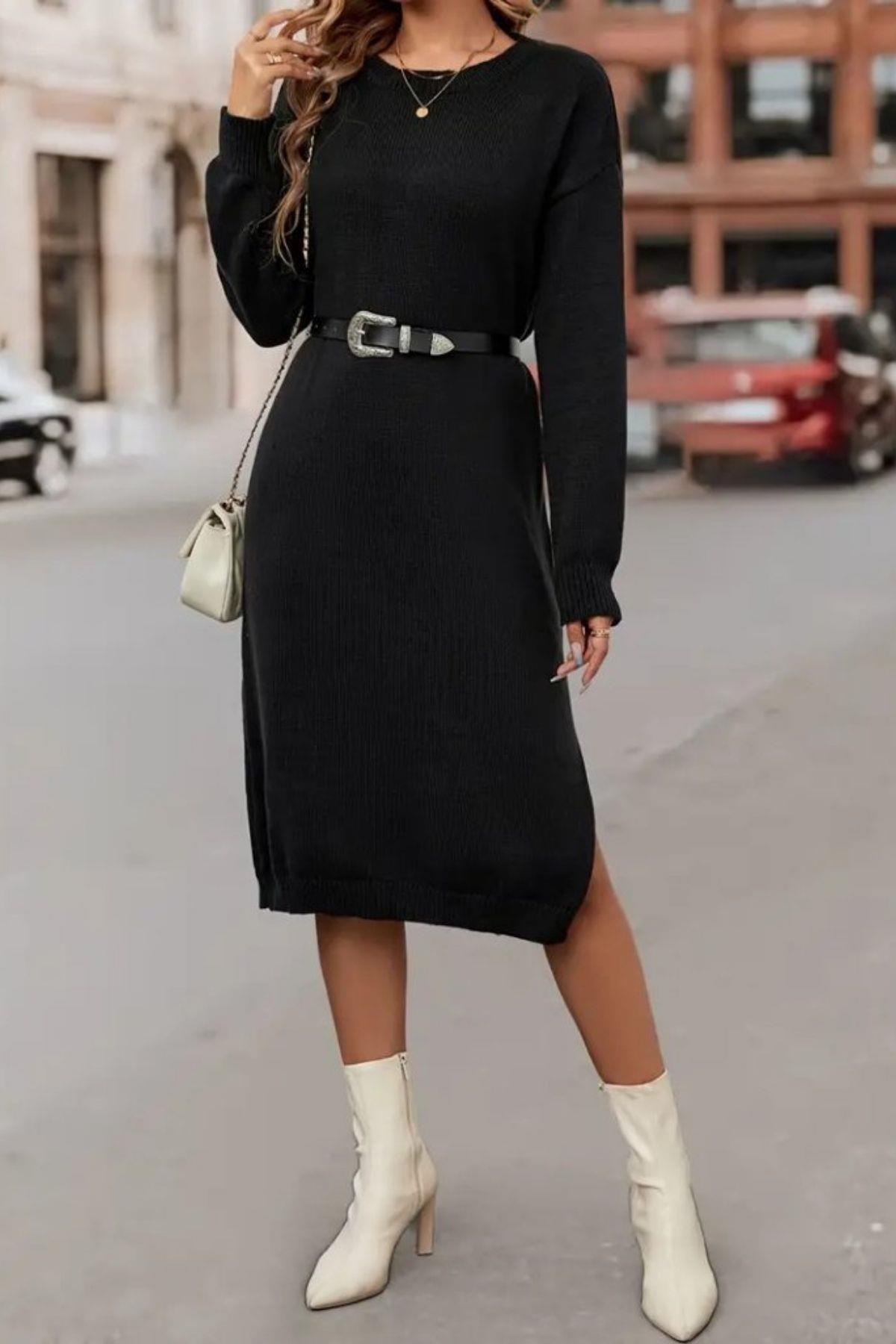 Bisiklet Yaka Yırtmaç Detaylı Triko Elbise Siyah