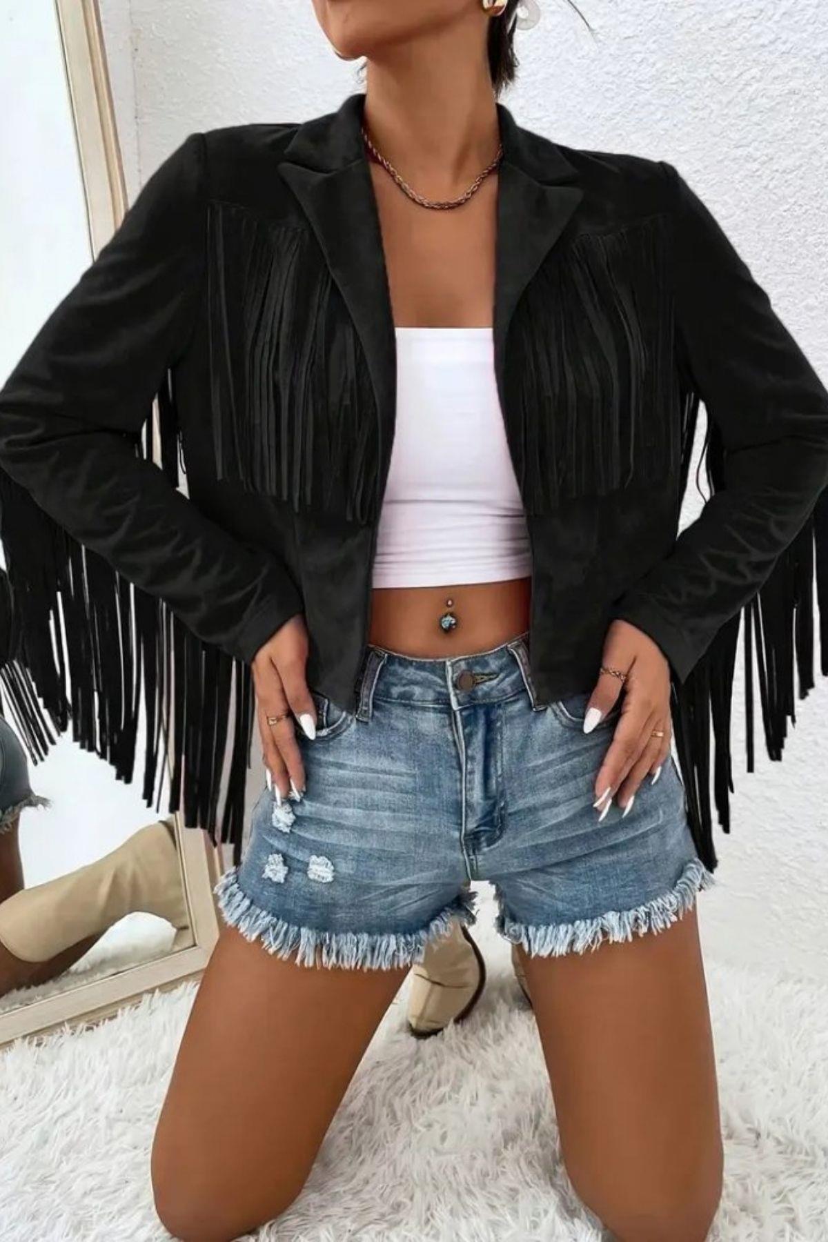 Püskül Detaylı Crop Süet Ceket - Siyah