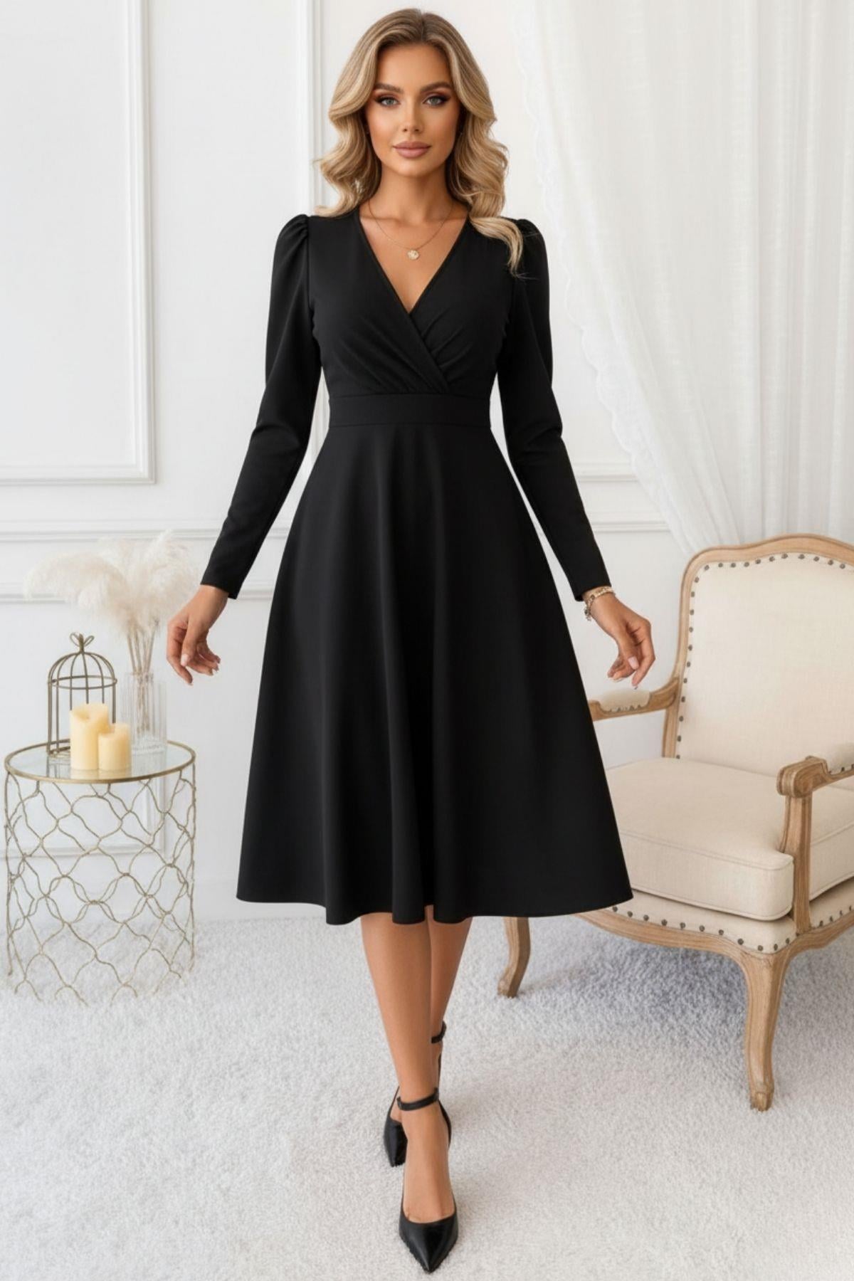 Siyah Kruvaze Yaka Uzun Kollu Diz Altı Elbise