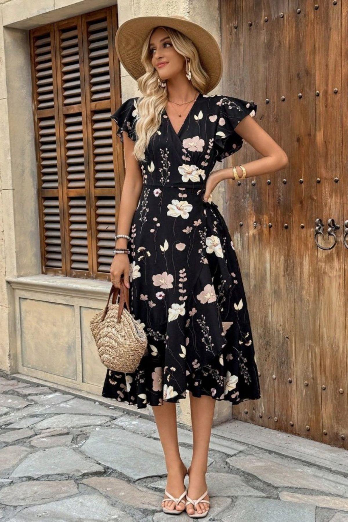 Kelebek Kollu Kruvaze Yaka Çiçek Desenli Süprem Elbise - Siyah