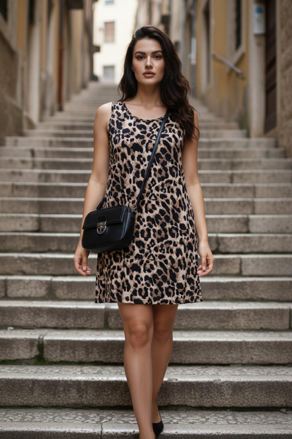 Askılı Yuvarlak Yaka Leopar Desen Süprem Elbise - Leopar