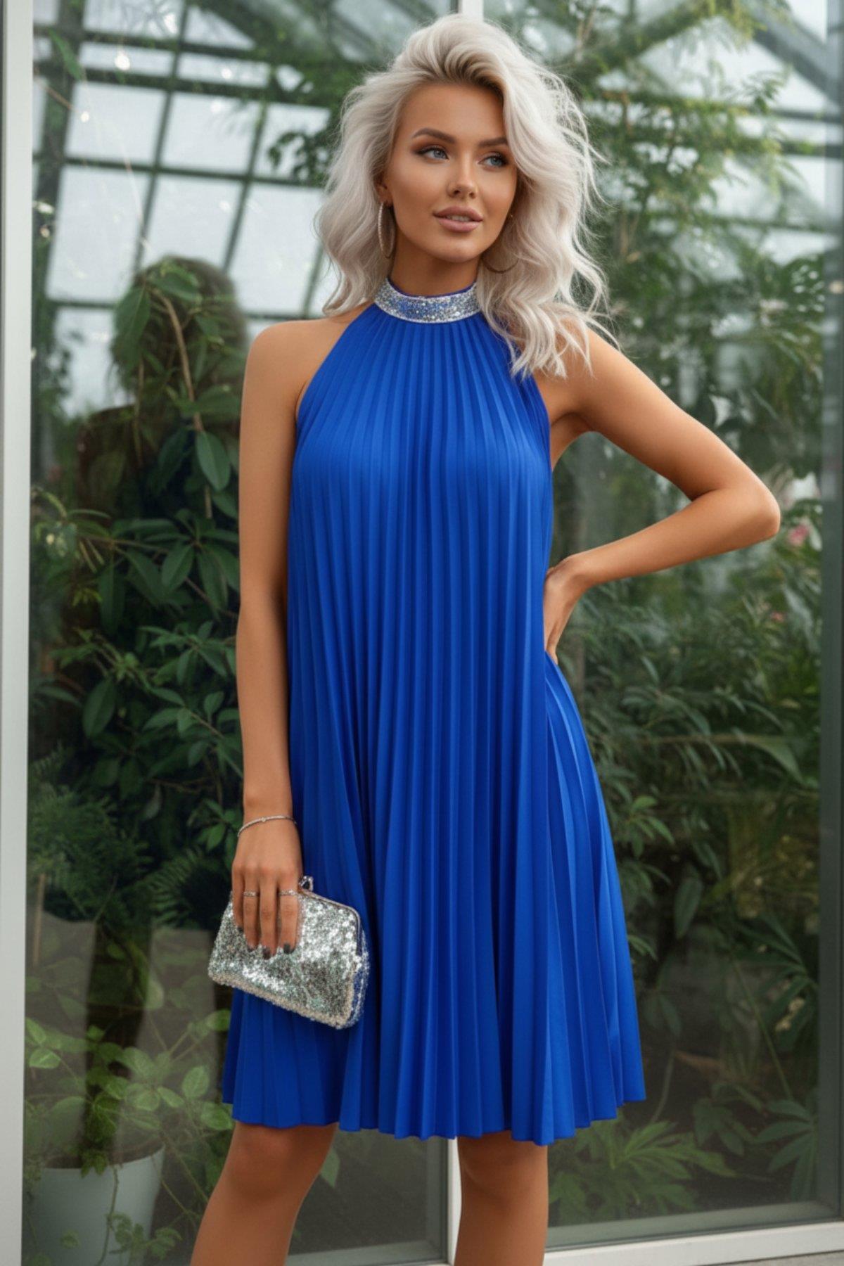 Balıkçı Yaka Pileli Krep Elbise - Saks