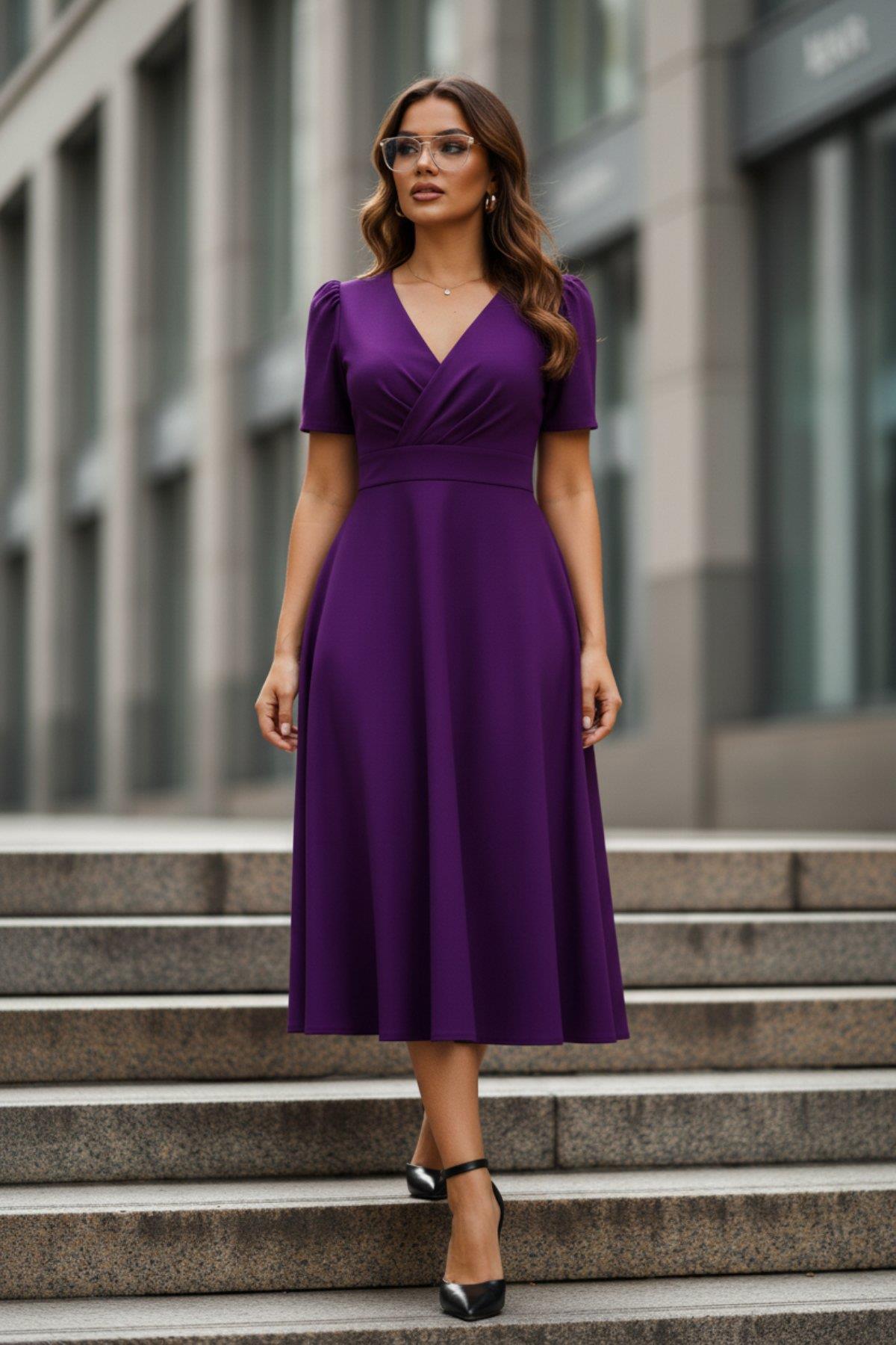 Kruvaze Yaka A Kesim Midi Elbise  - Mor