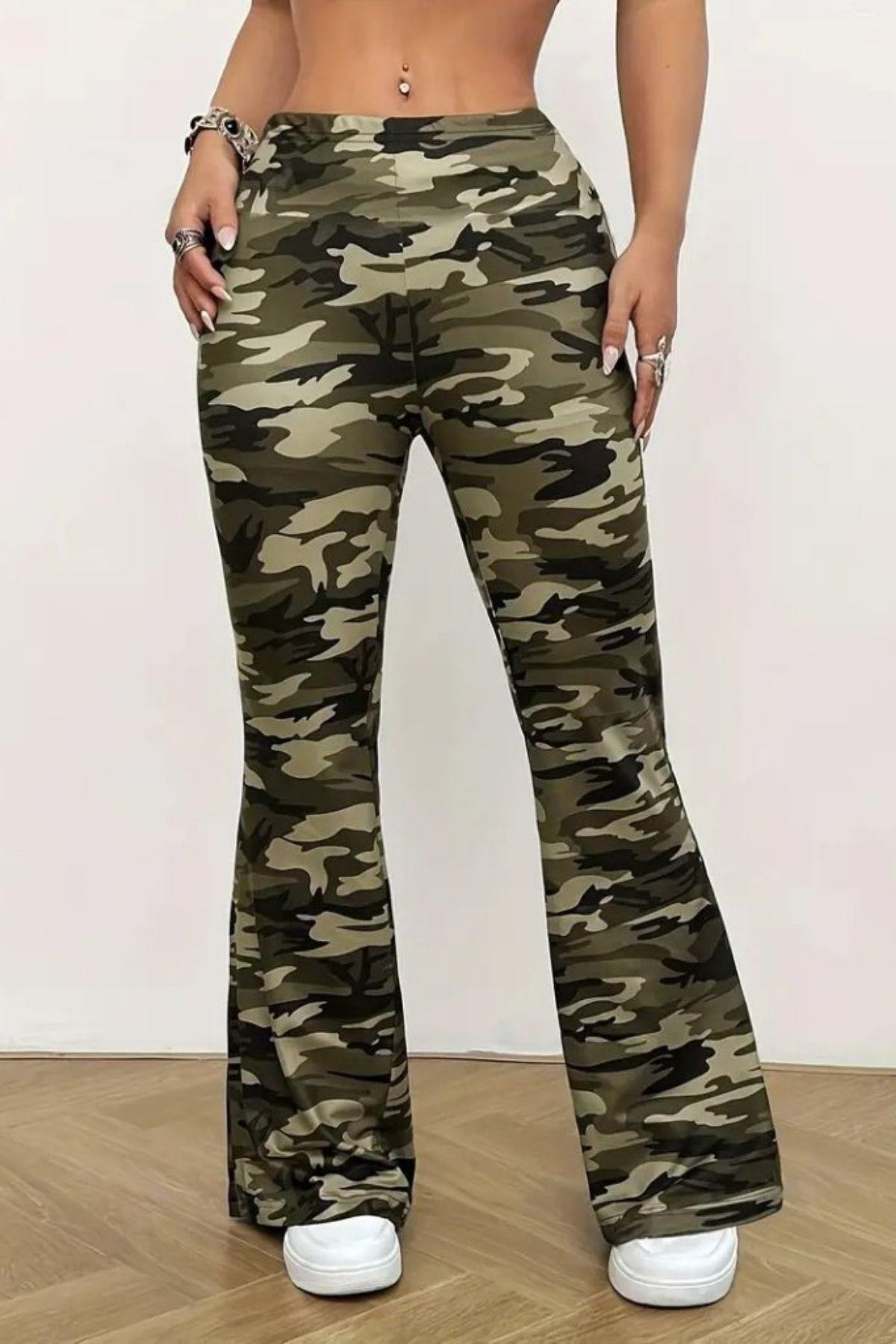 Kamuflaj Desenli İspanyol Paça Dalgıç Tayt - Yeşil