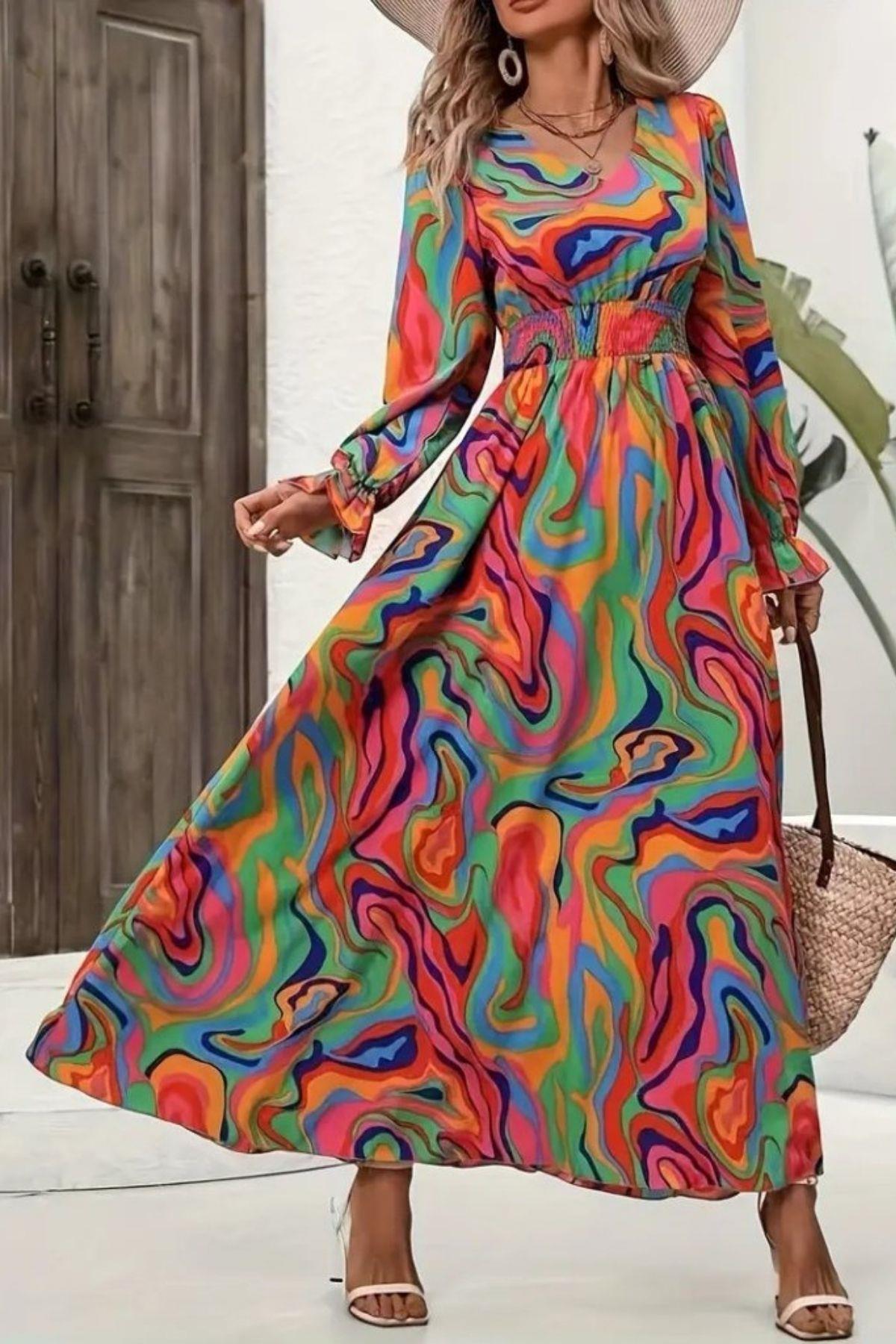 Uzun Kollu V Yaka Desenli Uzun Süprem Elbise - Desenli