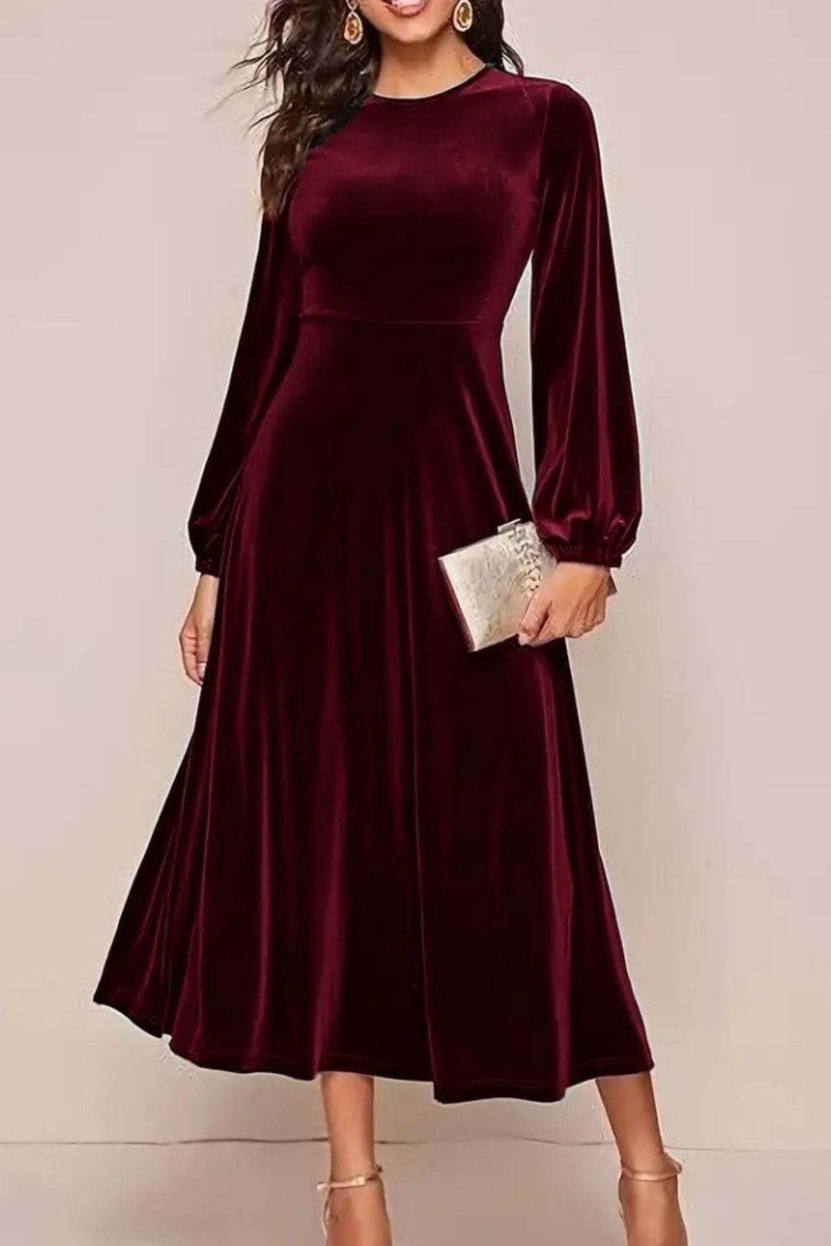 Yuvarlak Yaka Kadife Kumaş Midi Elbise - Bordo