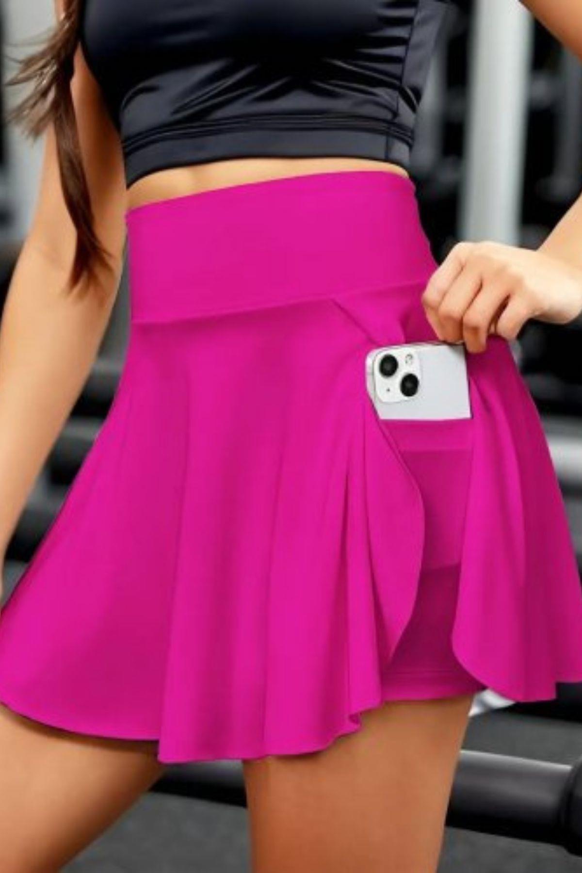 Yüksek Bel Cep Detaylı Sandy Şort Etek - Fuşya