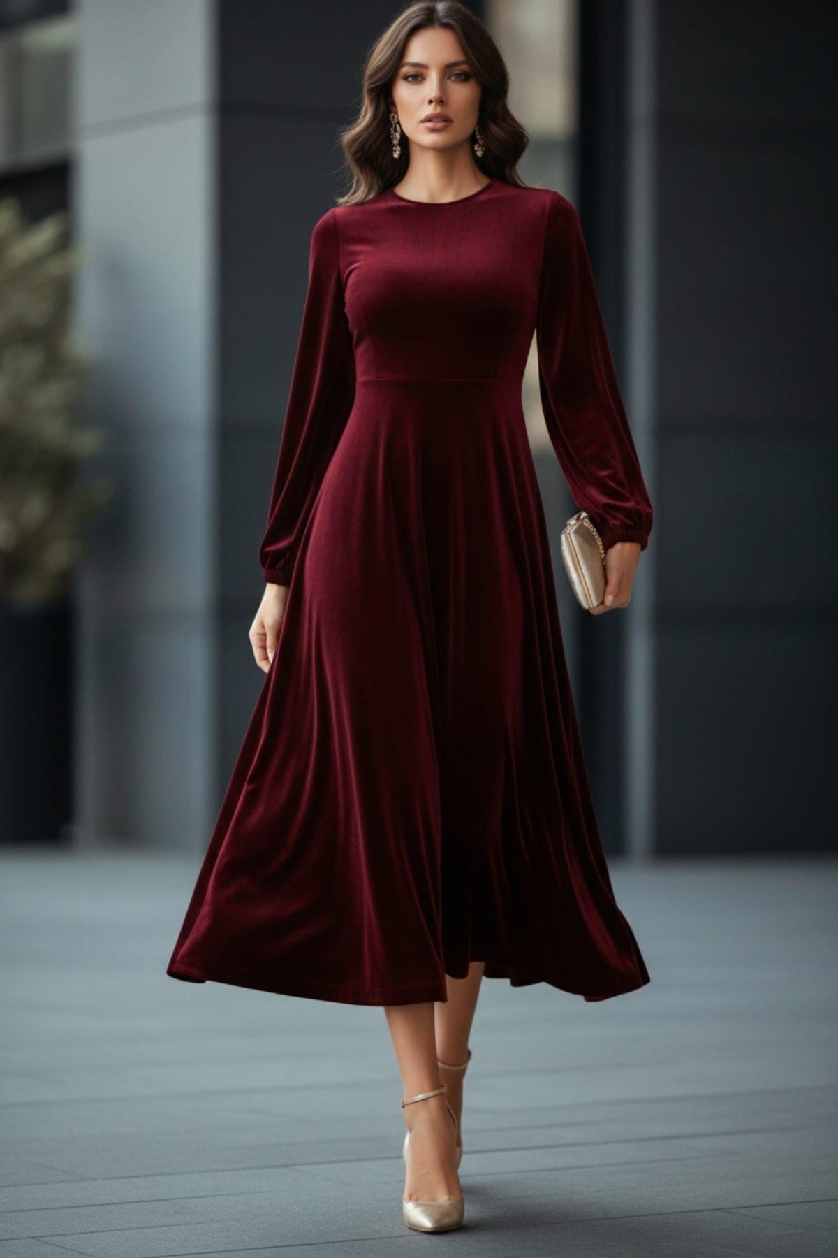 Minimal Tasarım Midi Elbise - Bordo