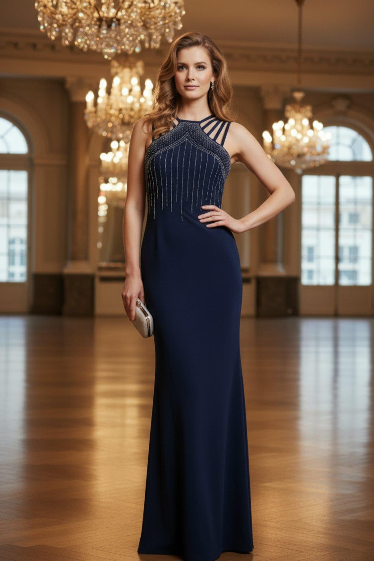 Asimetrik Askılı Taş Detaylı Balık Abiye Elbise - Lacivert