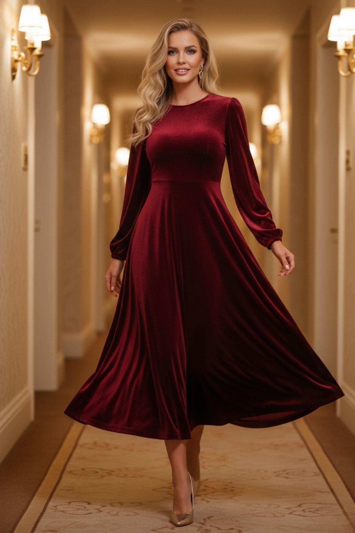 Yuvarlak Yaka Kadife Kumaş Midi Elbise -  Kırmızı