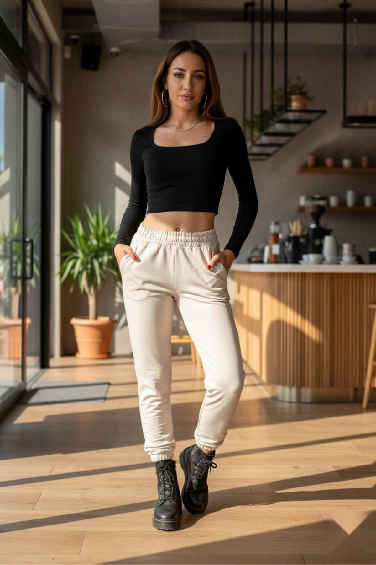 Bel Lastikli Eşofman Altı Bej