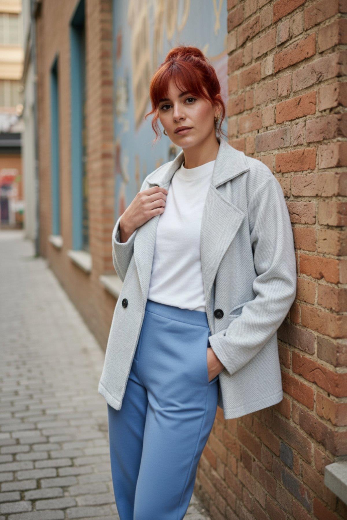 Oversize Kruvaze Yaka Balıksırtı Dokulu Kaban - Gri